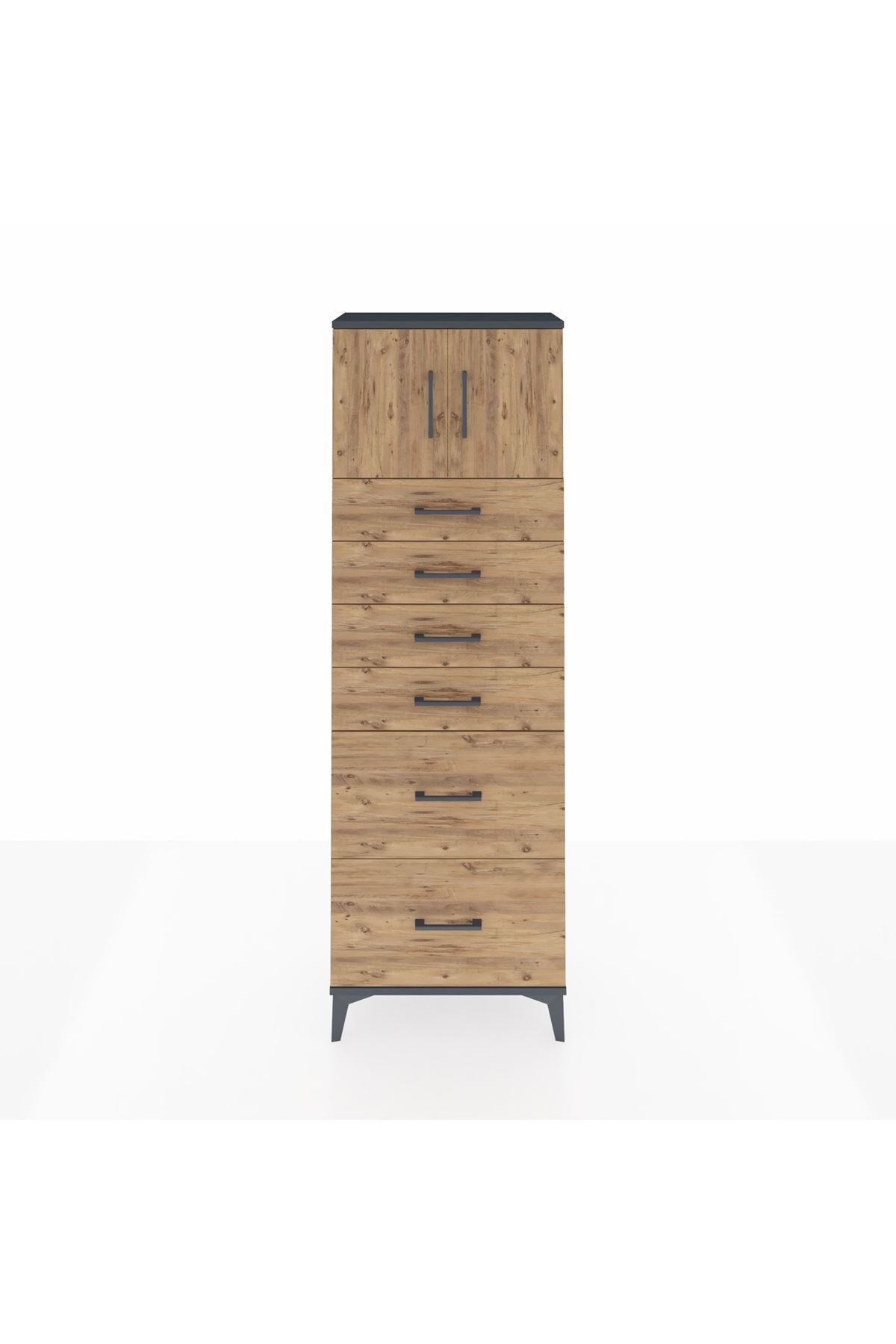 Arges Dolap Tek Raflı 6 Çekmeceli 2 Kapaklı 60x30x182 Antrasit-Çam