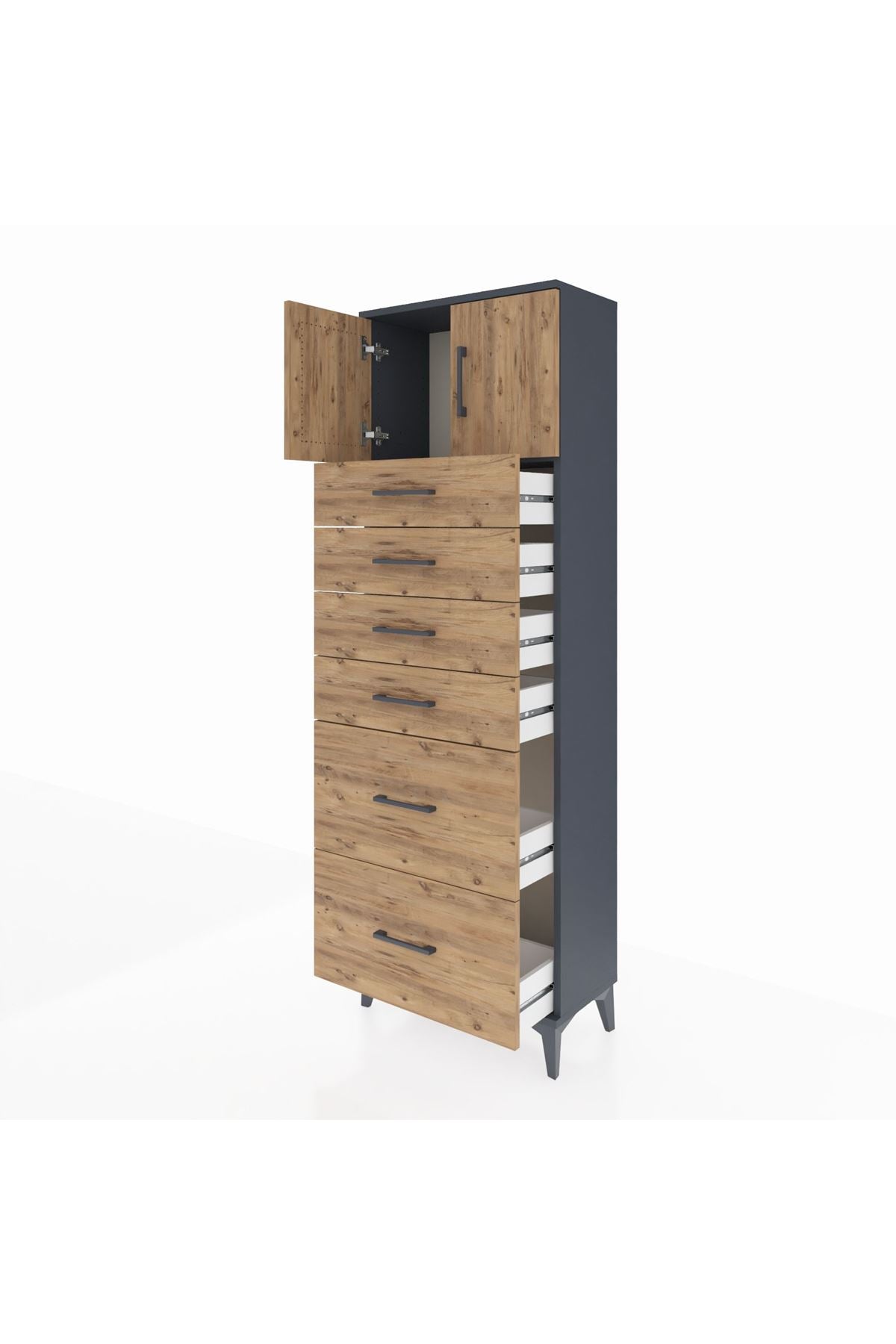 Arges Dolap Tek Raflı 6 Çekmeceli 2 Kapaklı 60x30x182 Antrasit-Çam