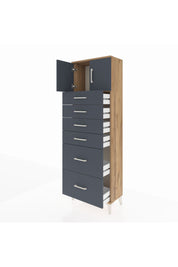 Arges Dolap Tek Raflı 6 Çekmeceli 2 Kapaklı 60x30x182 Çam-Antrasit