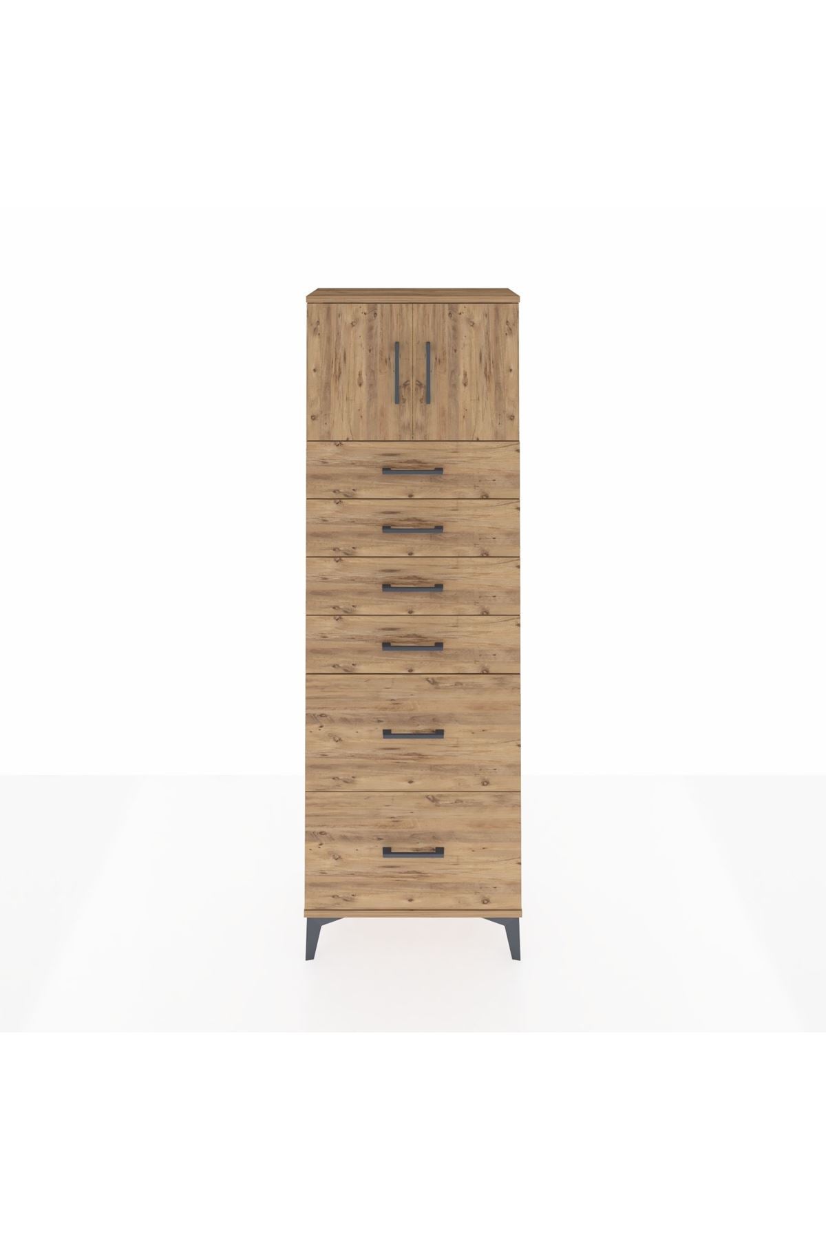 Arges Dolap Tek Raflı 6 Çekmeceli 2 Kapaklı 60x30x182 Çam-Çam