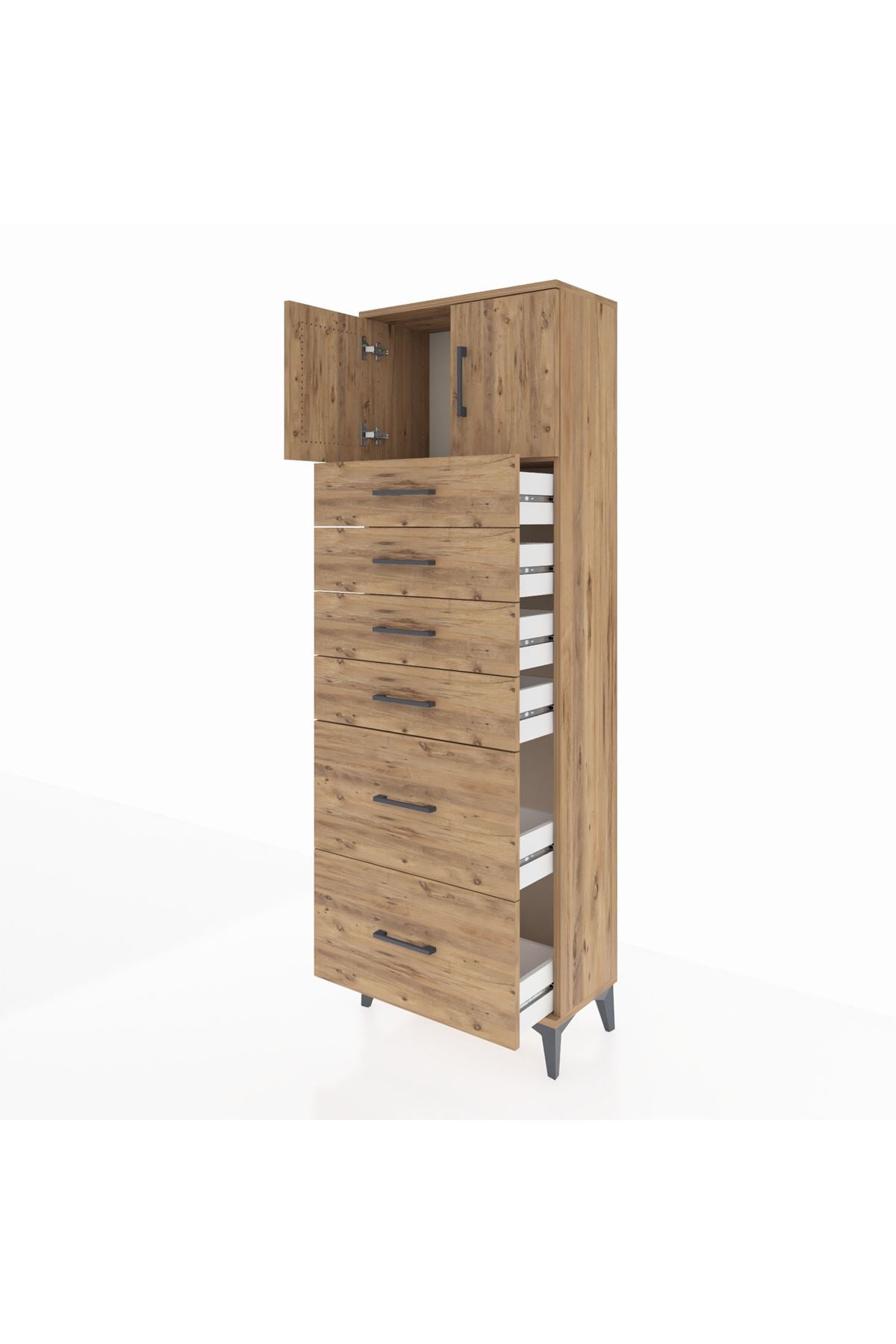 Arges Dolap Tek Raflı 6 Çekmeceli 2 Kapaklı 60x30x182 Çam-Çam