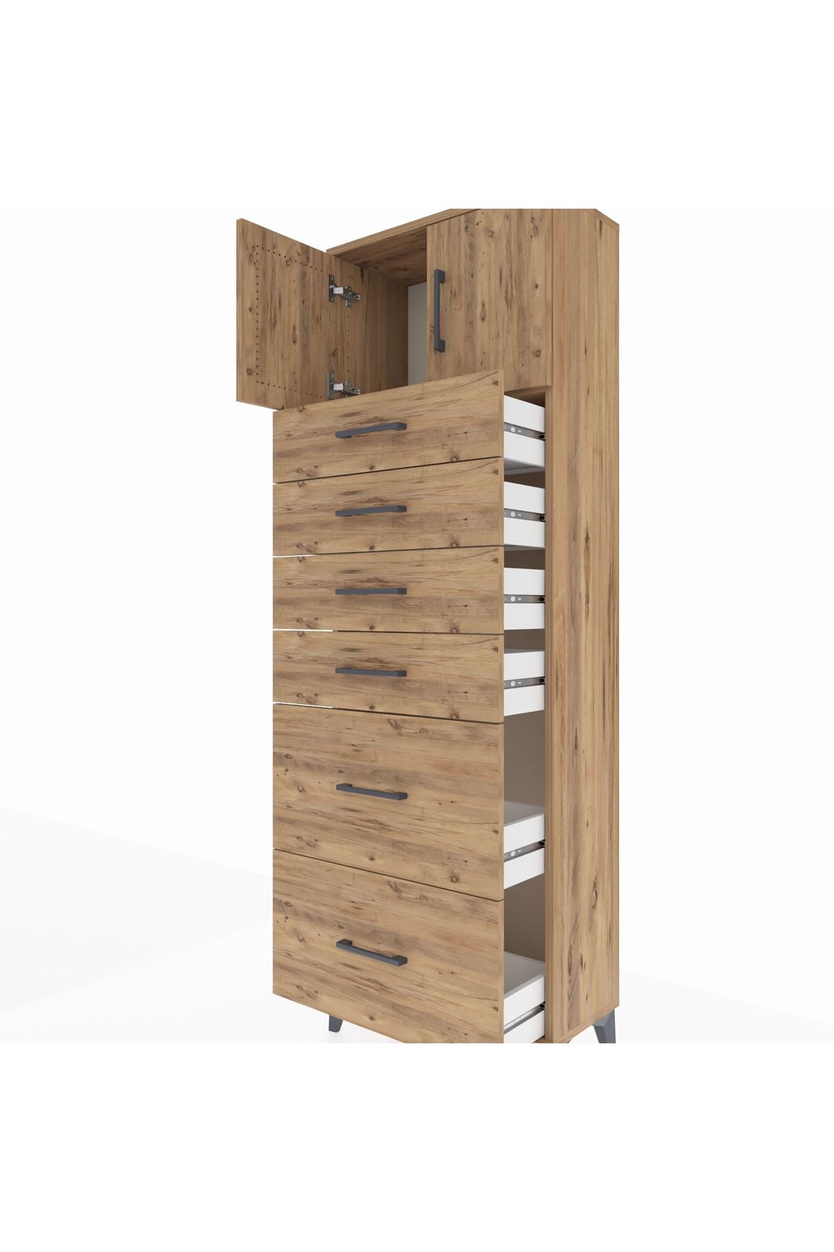 Arges Dolap Tek Raflı 6 Çekmeceli 2 Kapaklı 60x30x182 Çam-Çam