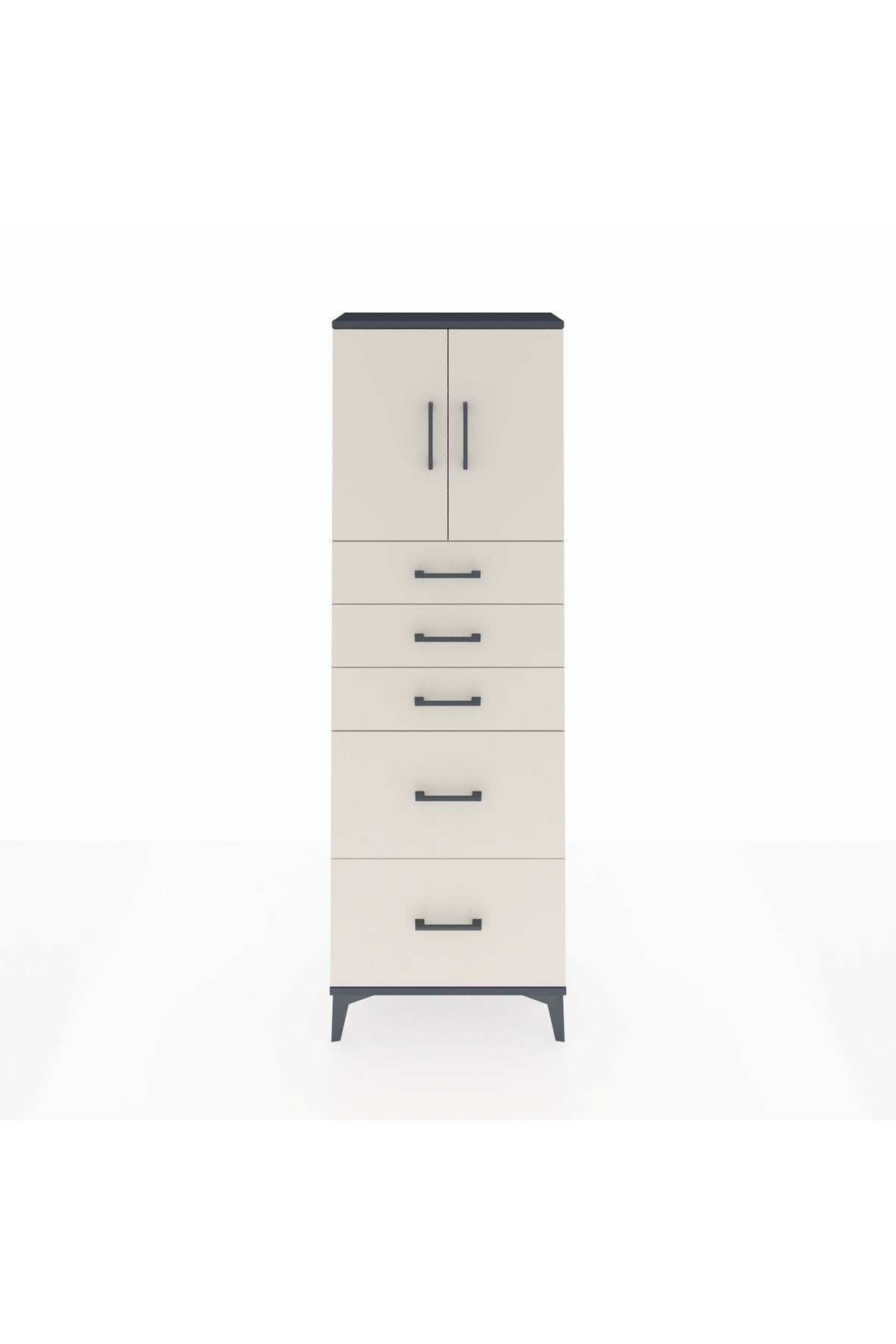 Arges Dolap 2 Raflı 5 Çekmeceli 2 Kapaklı 60x30x182 Antrasit-Aytaşı