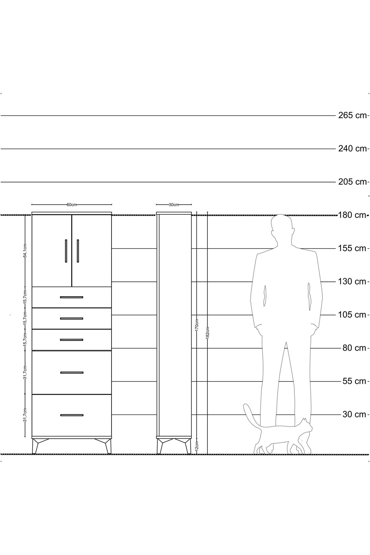 Arges Dolap 2 Raflı 5 Çekmeceli 2 Kapaklı 60x30x182 Antrasit-Aytaşı