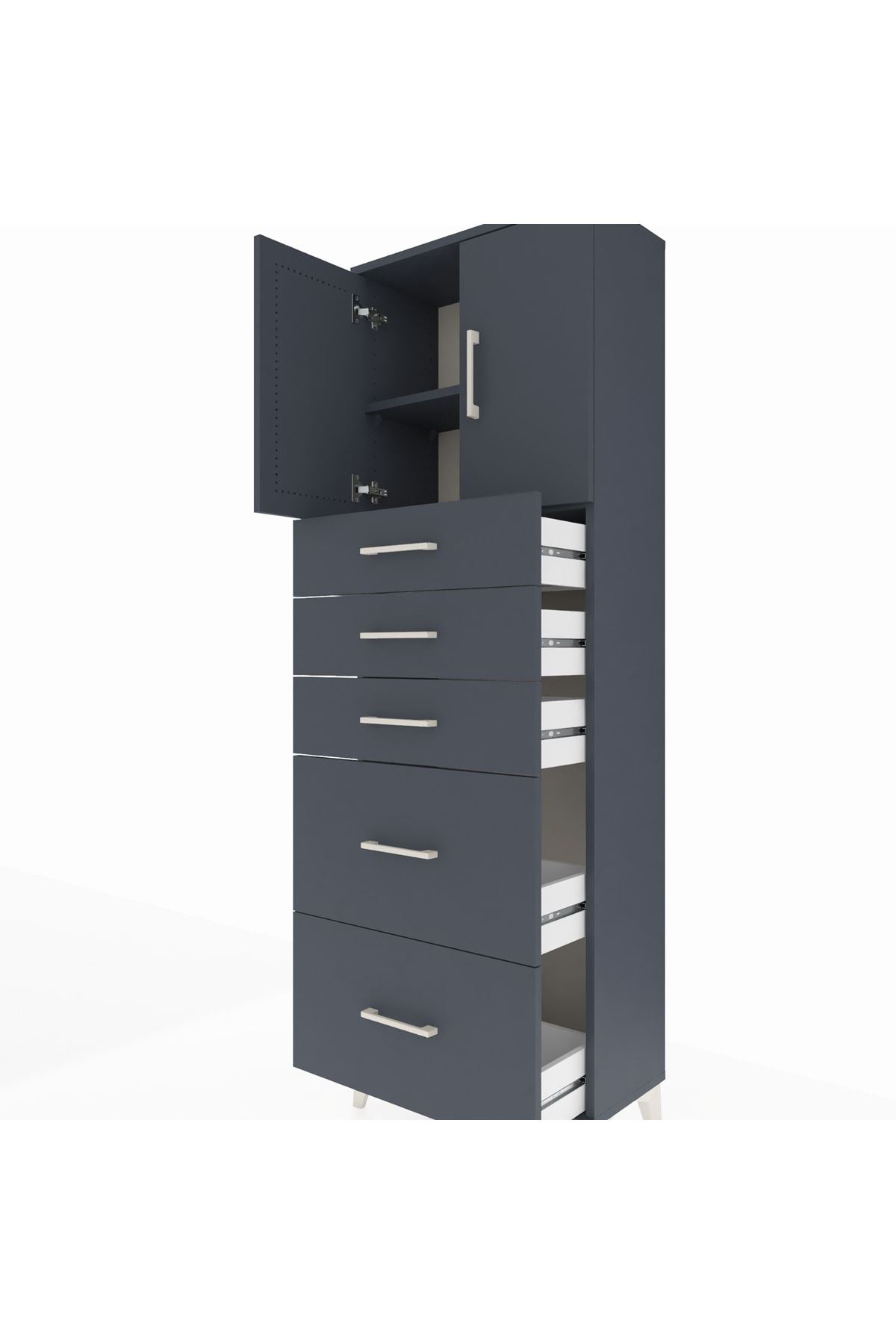 Arges Dolap 2 Raflı 5 Çekmeceli 2 Kapaklı 60x30x182 Antrasit-Antrasit