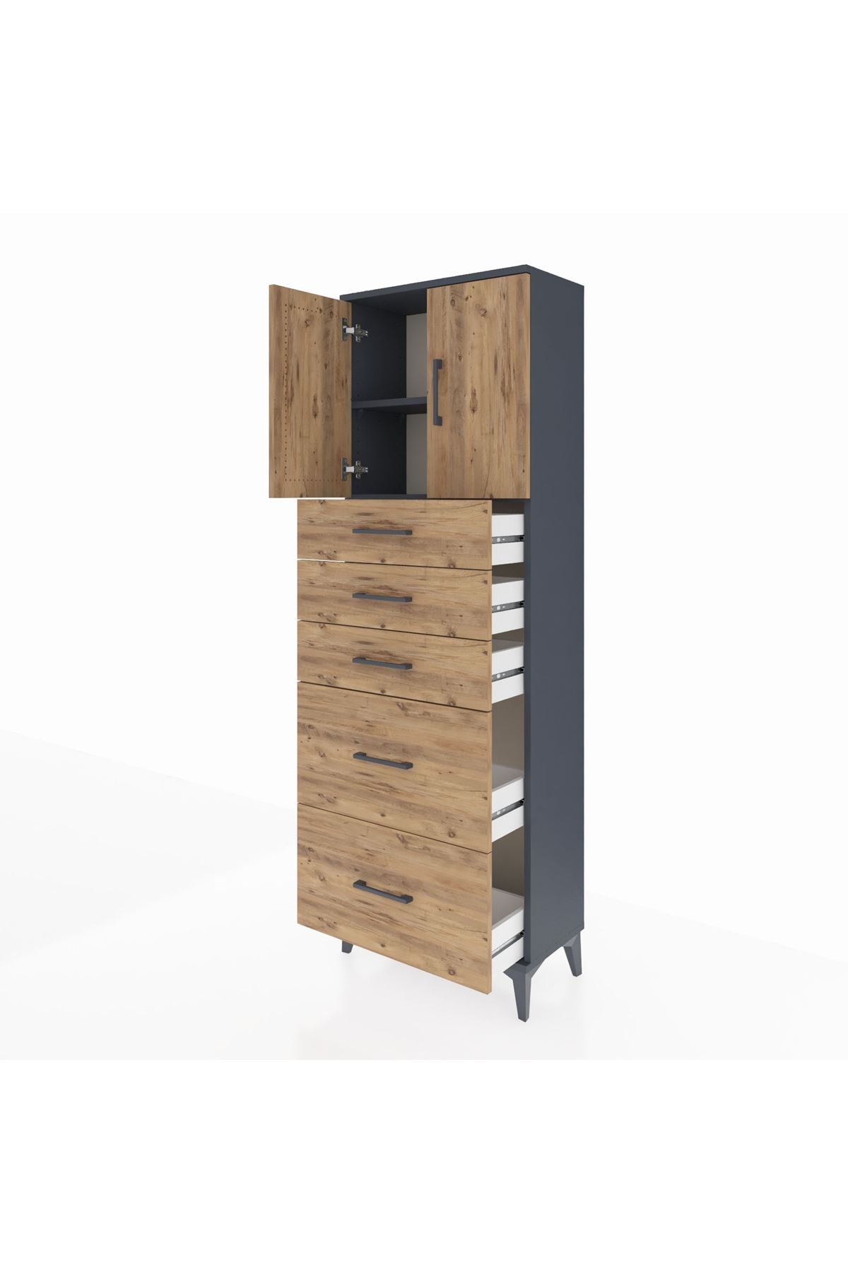 Arges Dolap 2 Raflı 5 Çekmeceli 2 Kapaklı 60x30x182 Antrasit-Çam