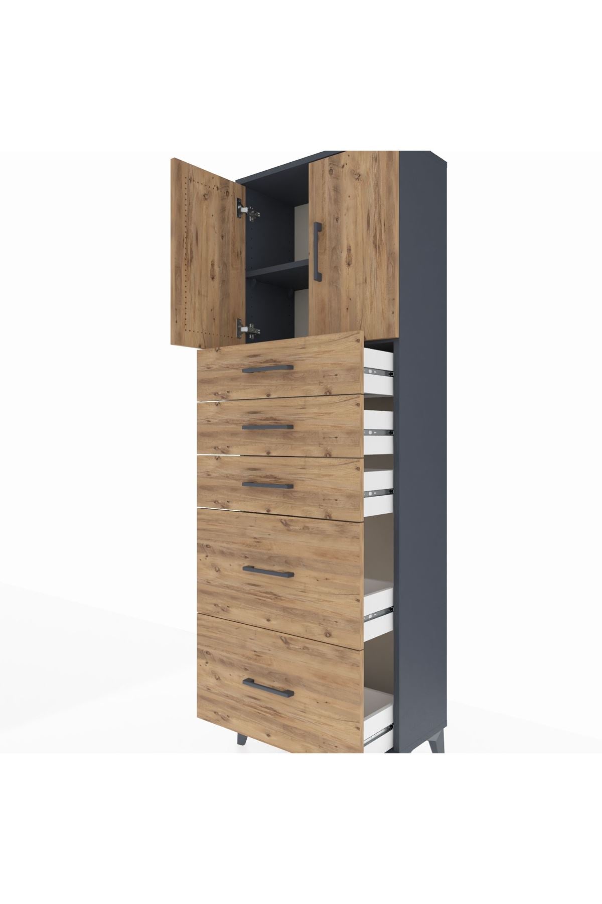 Arges Dolap 2 Raflı 5 Çekmeceli 2 Kapaklı 60x30x182 Antrasit-Çam