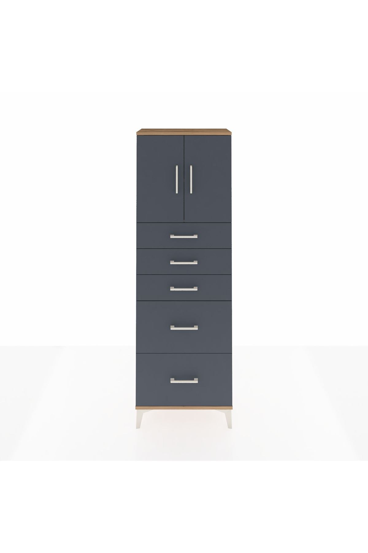 Arges Dolap 2 Raflı 5 Çekmeceli 2 Kapaklı 60x30x182 Çam-Antrasit