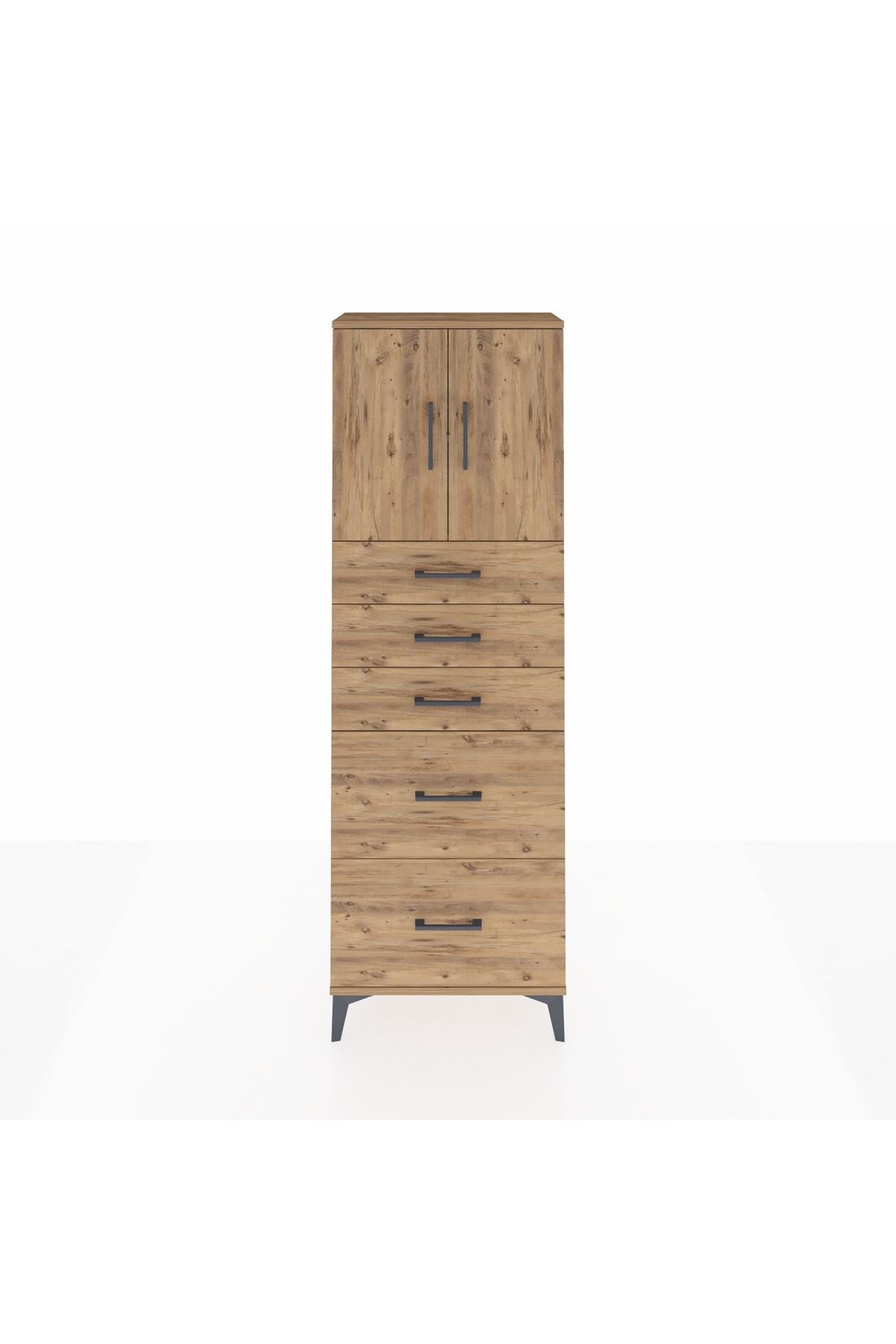 Arges Dolap 2 Raflı 5 Çekmeceli 2 Kapaklı 60x30x182 Çam-Çam