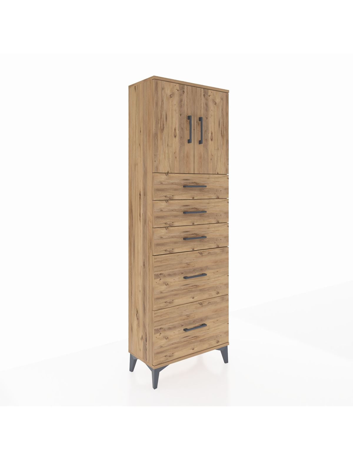 Arges Dolap 2 Raflı 5 Çekmeceli 2 Kapaklı 60x30x182 Çam-Çam