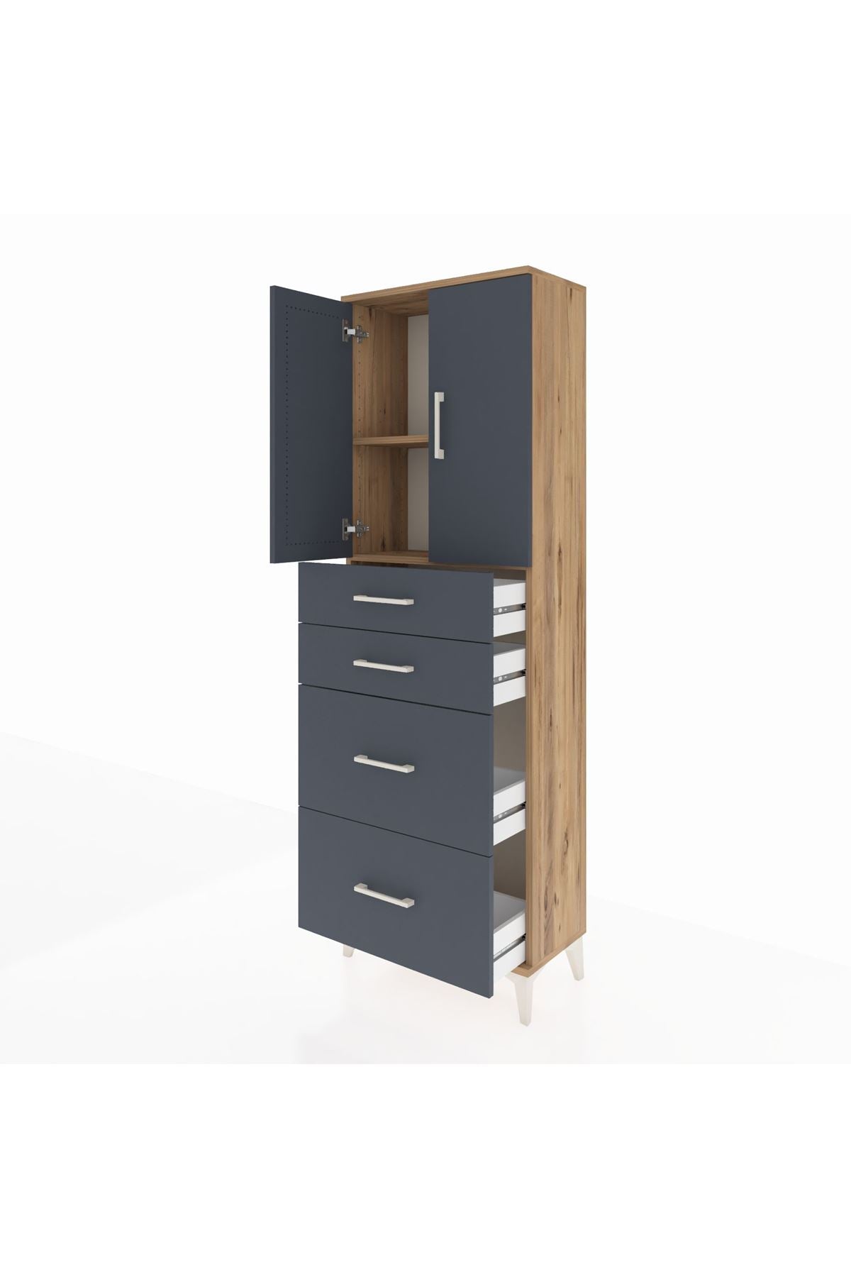 Arges Dolap 2 Raflı 4 Çekmeceli 2 Kapaklı 60x30x182 Çam-Antrasit