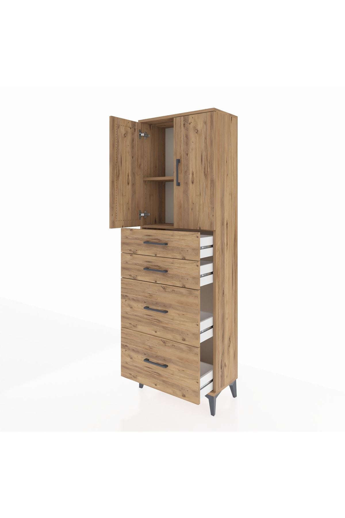 Arges Dolap 2 Raflı 4 Çekmeceli 2 Kapaklı 60x30x182 Çam-Çam