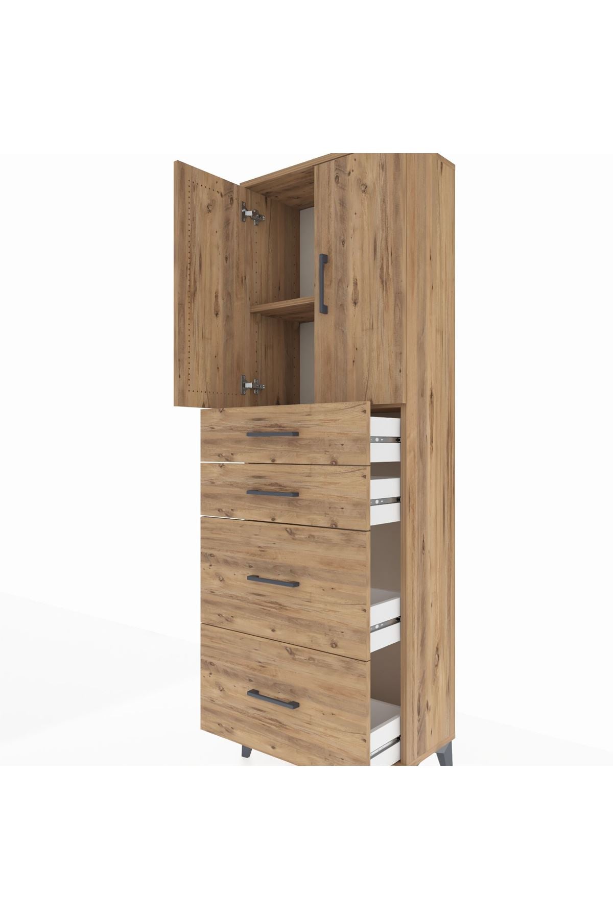 Arges Dolap 2 Raflı 4 Çekmeceli 2 Kapaklı 60x30x182 Çam-Çam