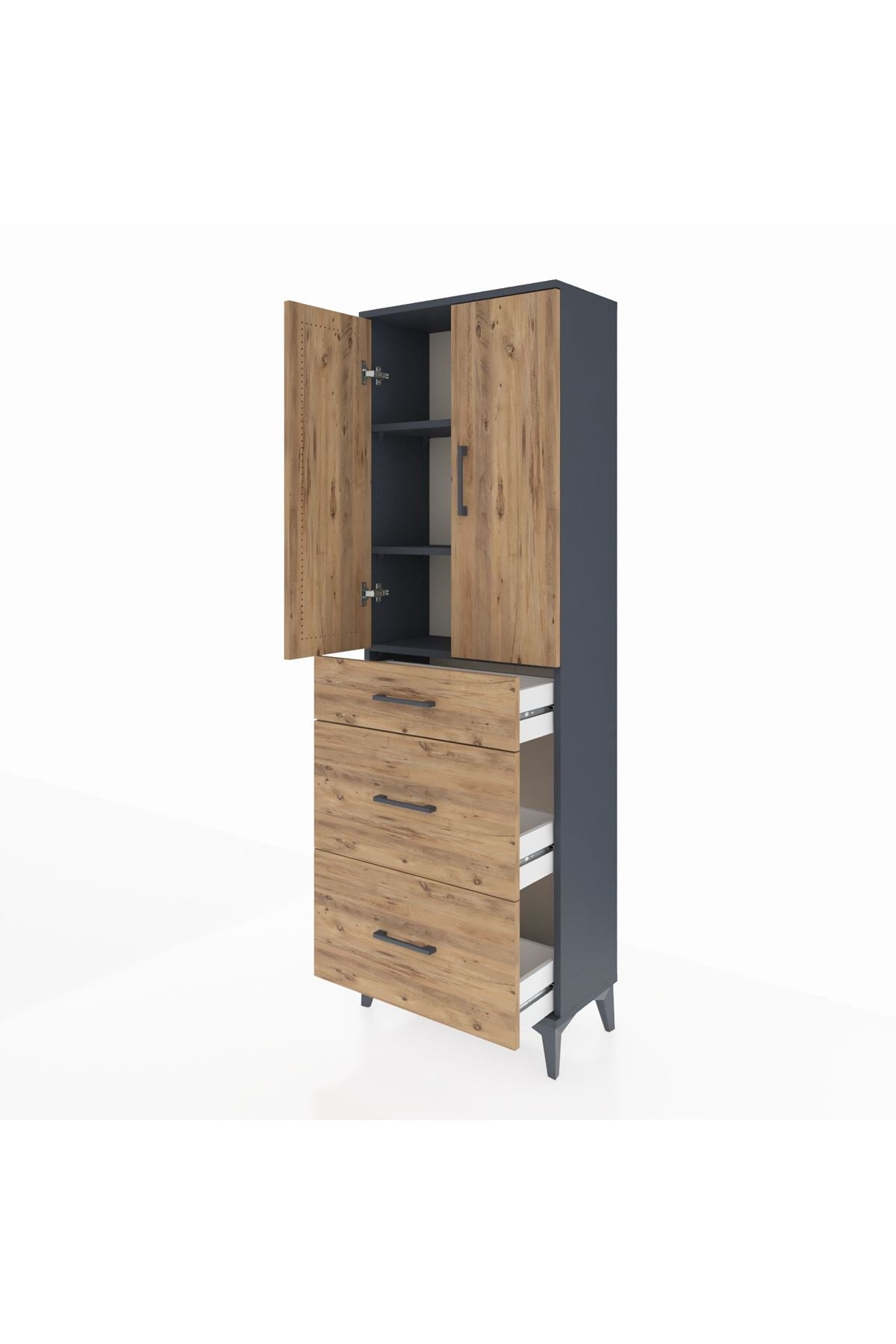 Arges Dolap 3 Raflı 3 Çekmeceli 2 Kapaklı 60x30x182 Antrasit-Çam