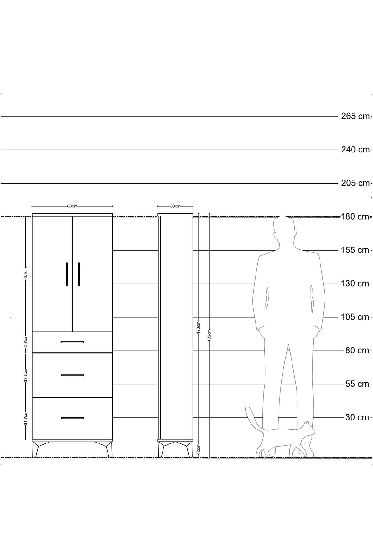 Arges Dolap 3 Raflı 3 Çekmeceli 2 Kapaklı 60x30x182 Antrasit-Çam