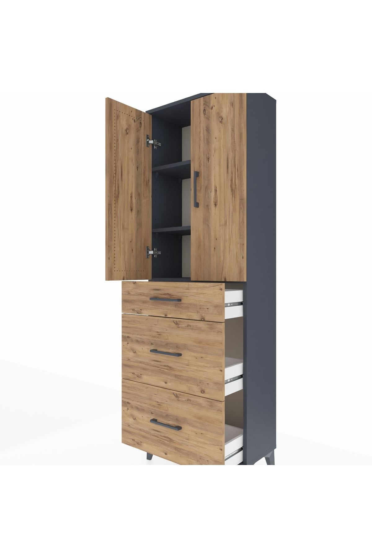 Arges Dolap 3 Raflı 3 Çekmeceli 2 Kapaklı 60x30x182 Antrasit-Çam