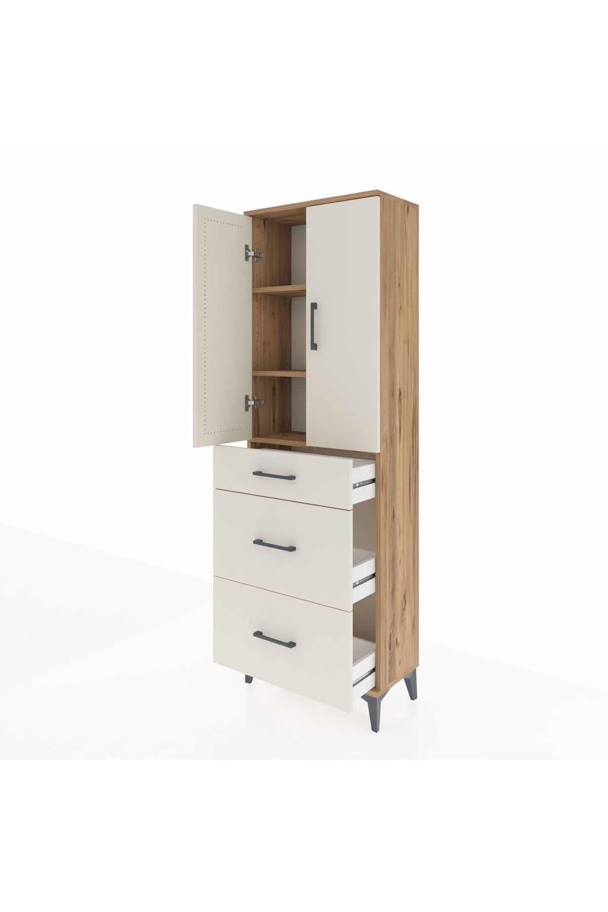 Arges Dolap 3 Raflı 3 Çekmeceli 2 Kapaklı 60x30x182 Çam-Aytaşı