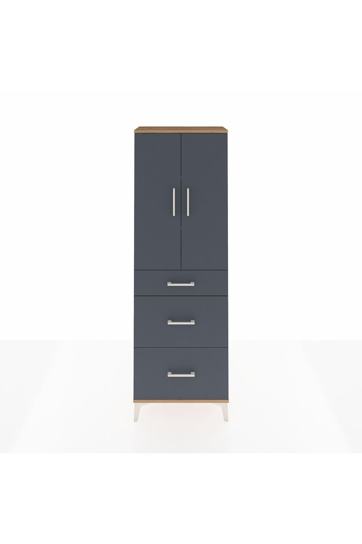 Arges Dolap 3 Raflı 3 Çekmeceli 2 Kapaklı 60x30x182 Çam-Antrasit