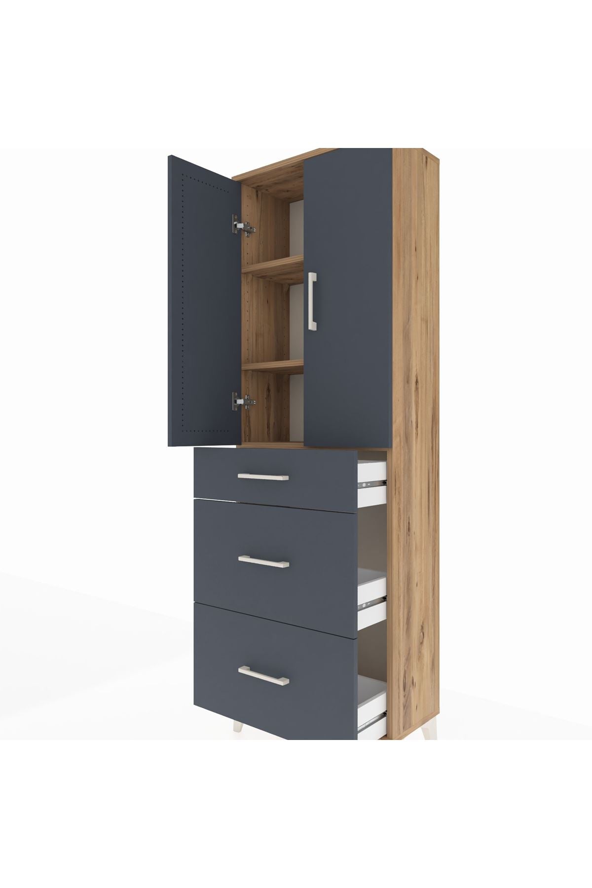 Arges Dolap 3 Raflı 3 Çekmeceli 2 Kapaklı 60x30x182 Çam-Antrasit