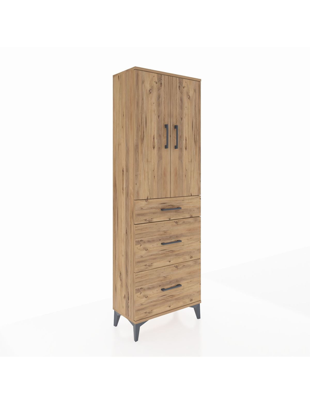 Arges Dolap 3 Raflı 3 Çekmeceli 2 Kapaklı 60x30x182 Çam-Çam