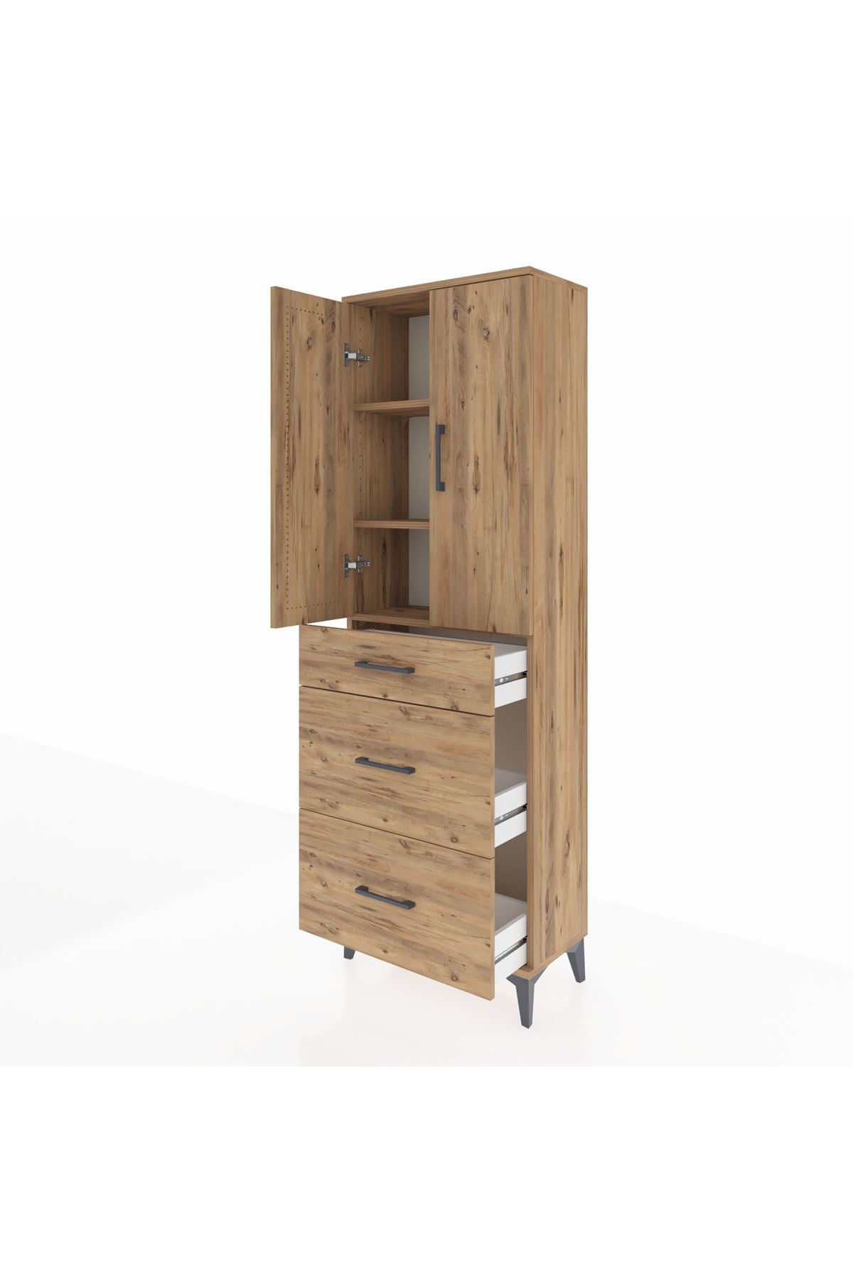 Arges Dolap 3 Raflı 3 Çekmeceli 2 Kapaklı 60x30x182 Çam-Çam