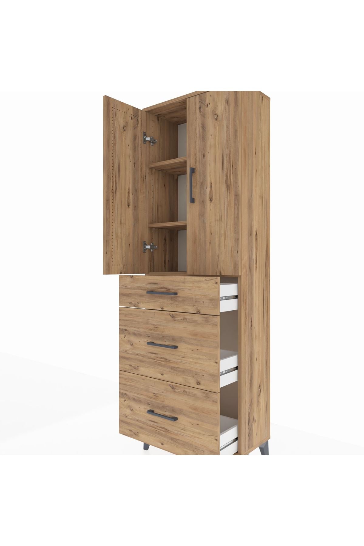 Arges Dolap 3 Raflı 3 Çekmeceli 2 Kapaklı 60x30x182 Çam-Çam