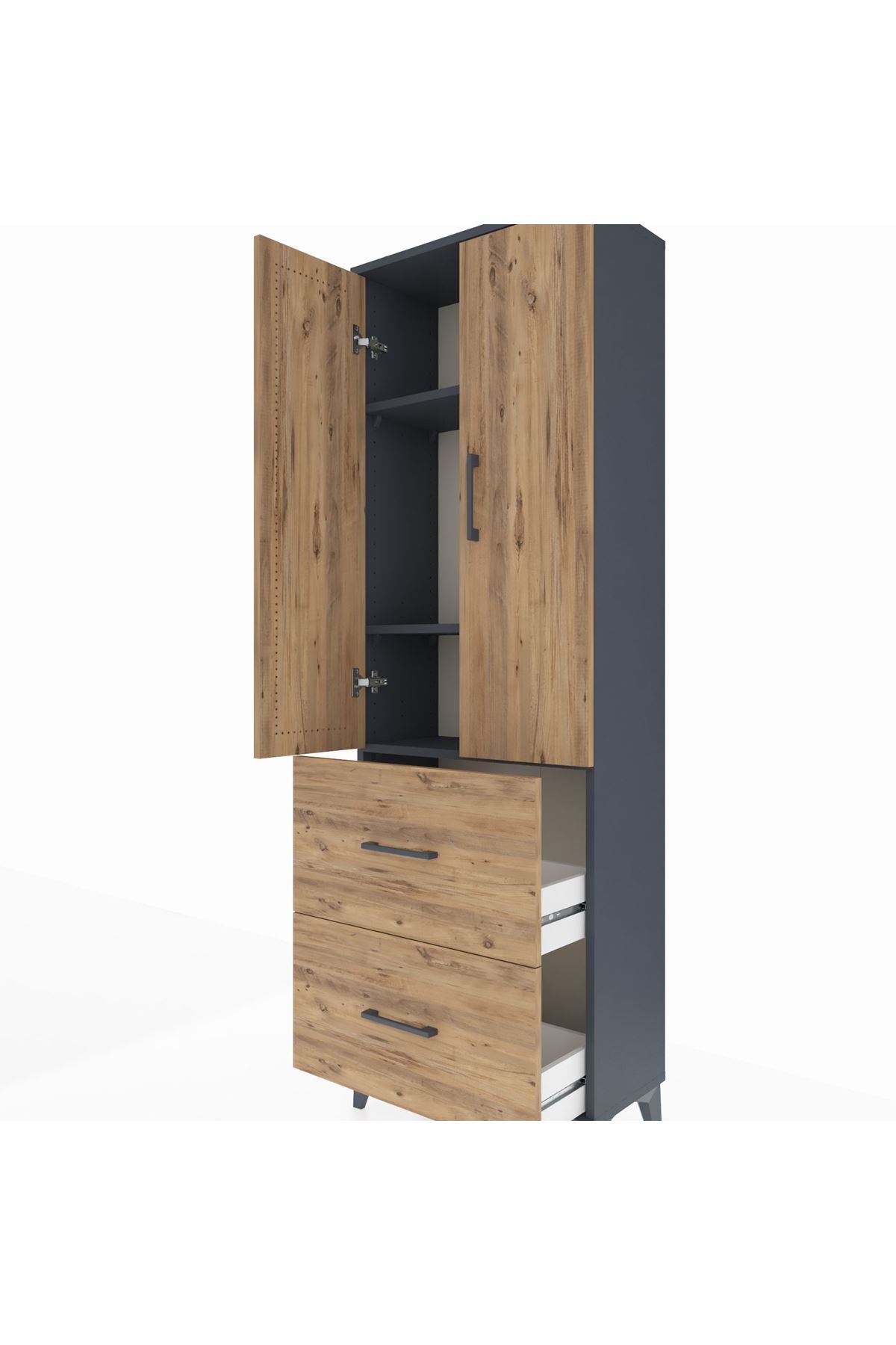 Arges Dolap 3 Raflı 2 Çekmeceli 2 Kapaklı 60x30x182 Antrasit-Çam