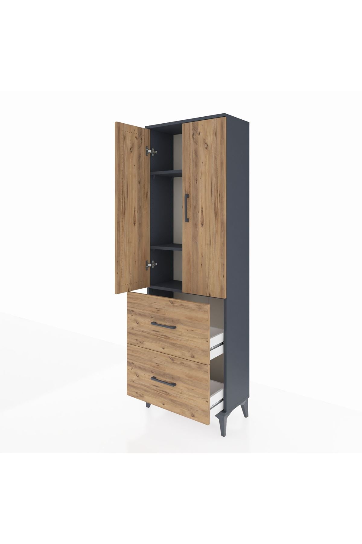 Arges Dolap 3 Raflı 2 Çekmeceli 2 Kapaklı 60x30x182 Antrasit-Çam