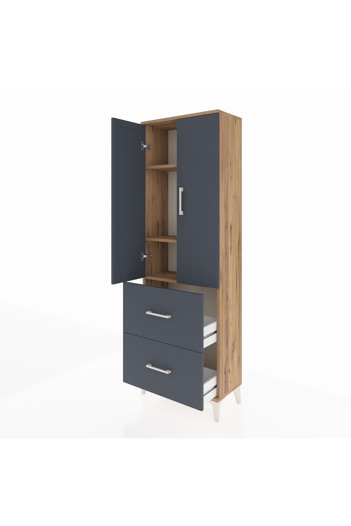 Arges Dolap 3 Raflı 2 Çekmeceli 2 Kapaklı 60x30x182 Çam-Antrasit