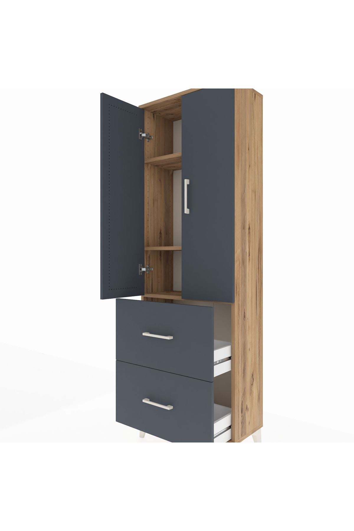 Arges Dolap 3 Raflı 2 Çekmeceli 2 Kapaklı 60x30x182 Çam-Antrasit