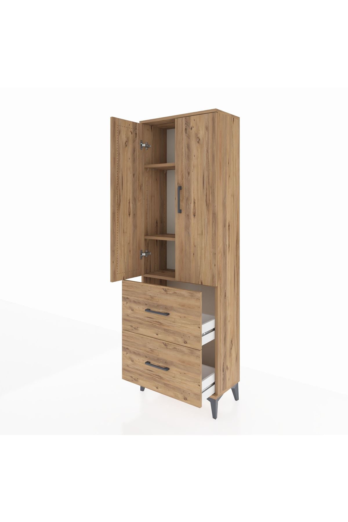 Arges Dolap 3 Raflı 2 Çekmeceli 2 Kapaklı 60x30x182 Çam-Çam