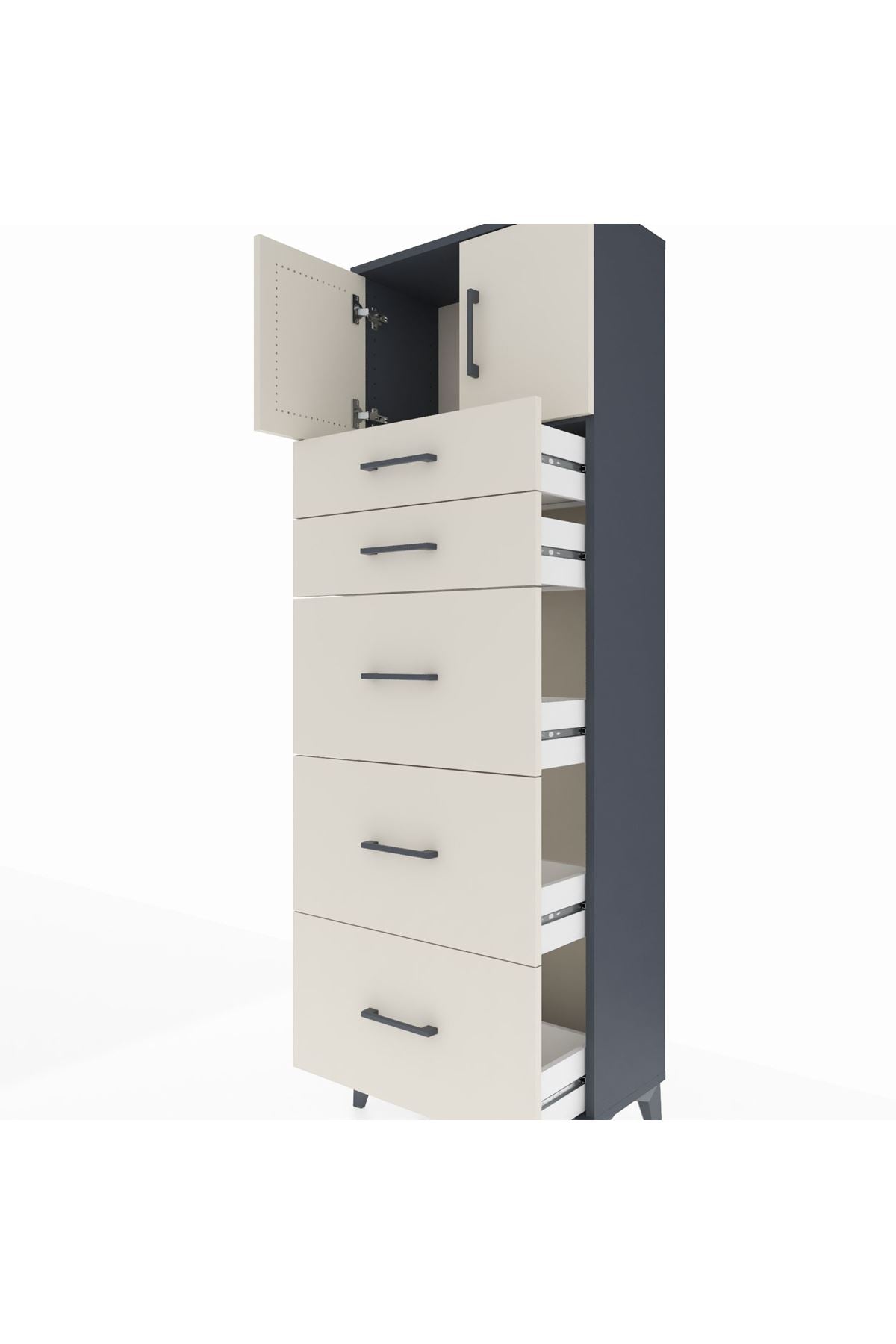 Arges Dolap Tek Raflı 5 Çekmeceli 2 Kapaklı 60x30x182 Antrasit-Aytaşı