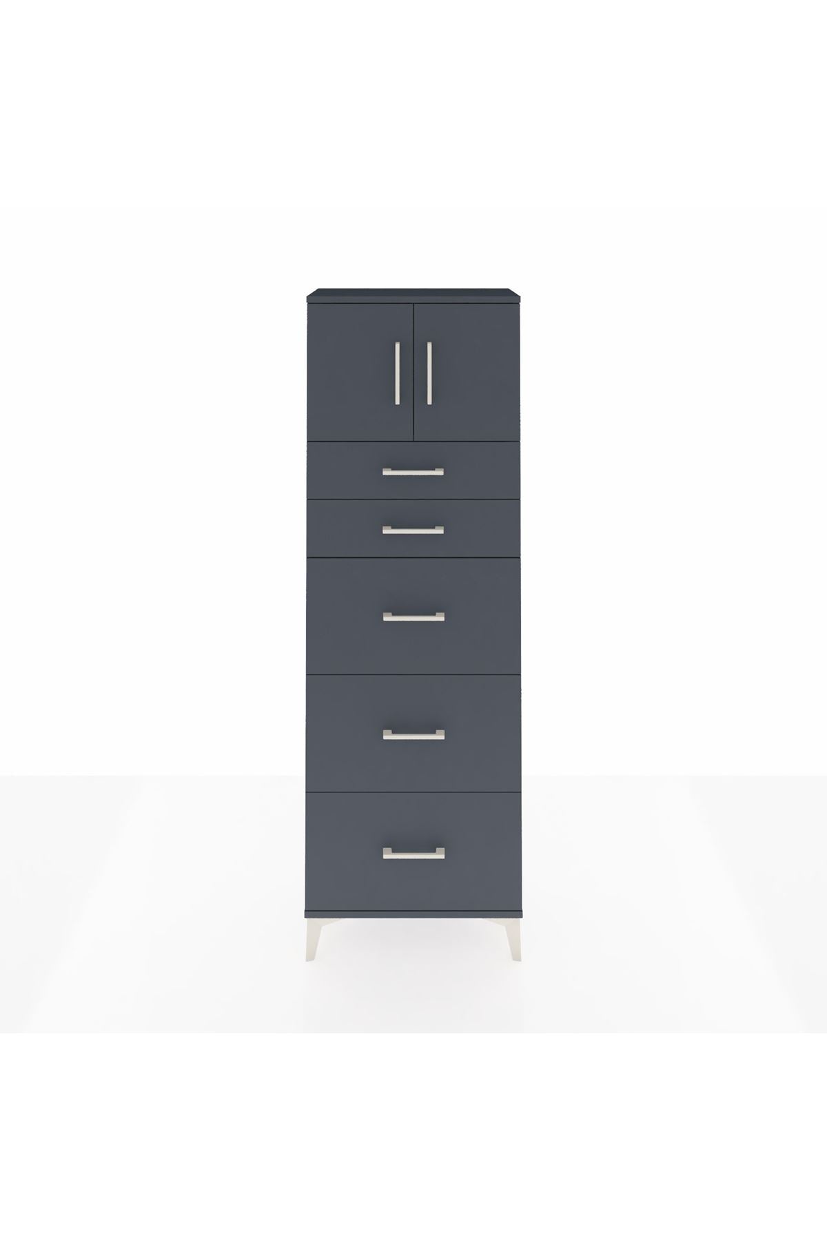 Arges Dolap Tek Raflı 5 Çekmeceli 2 Kapaklı 60x30x182 Antrasit-Antrasit