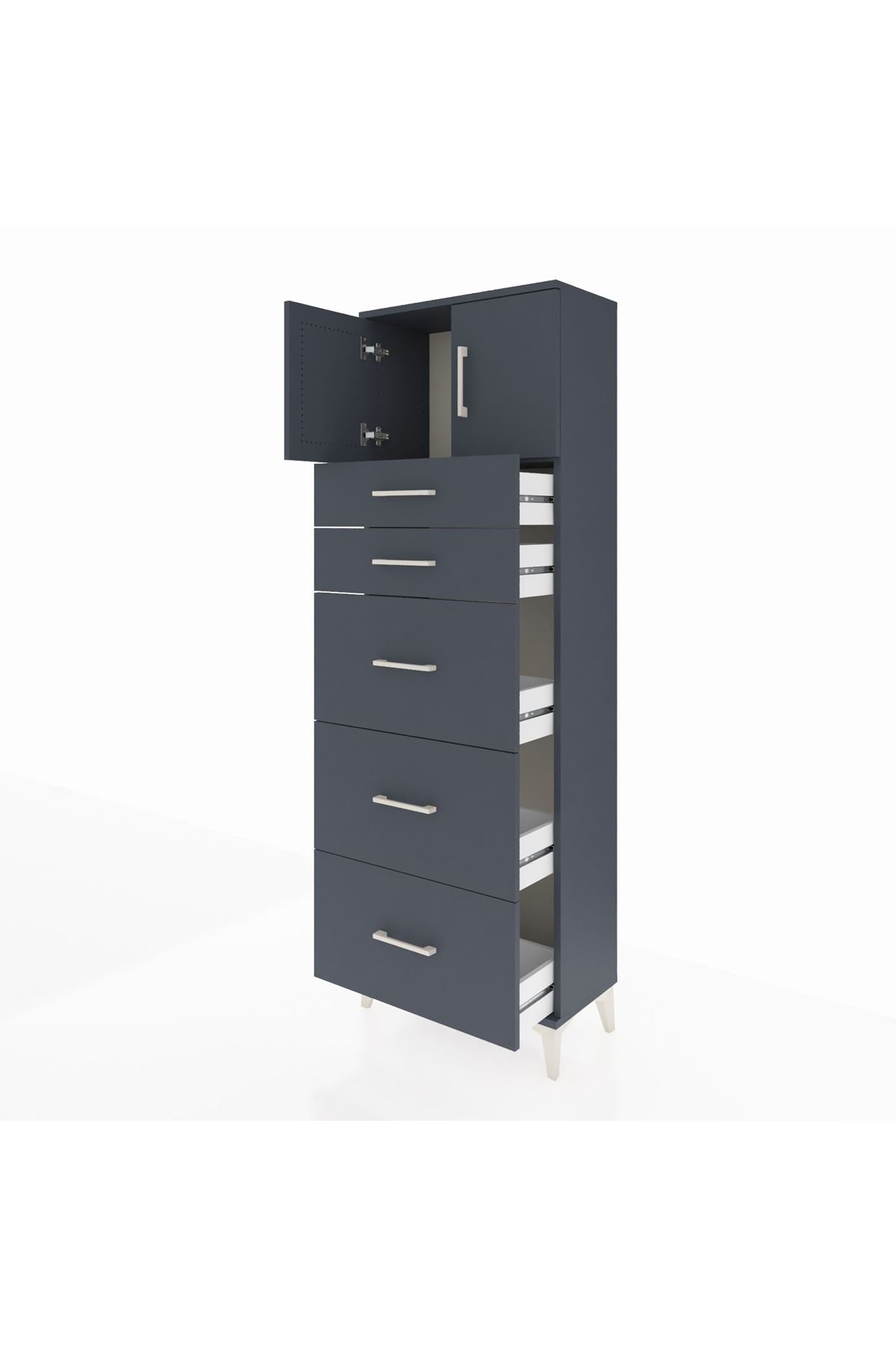 Arges Dolap Tek Raflı 5 Çekmeceli 2 Kapaklı 60x30x182 Antrasit-Antrasit