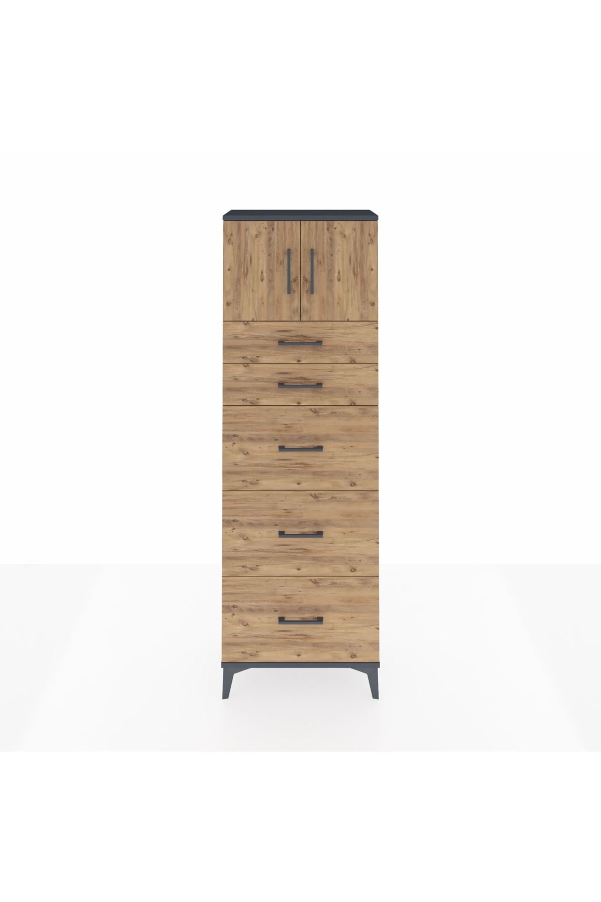 Arges Dolap Tek Raflı 5 Çekmeceli 2 Kapaklı 60x30x182 Antrasit-Çam