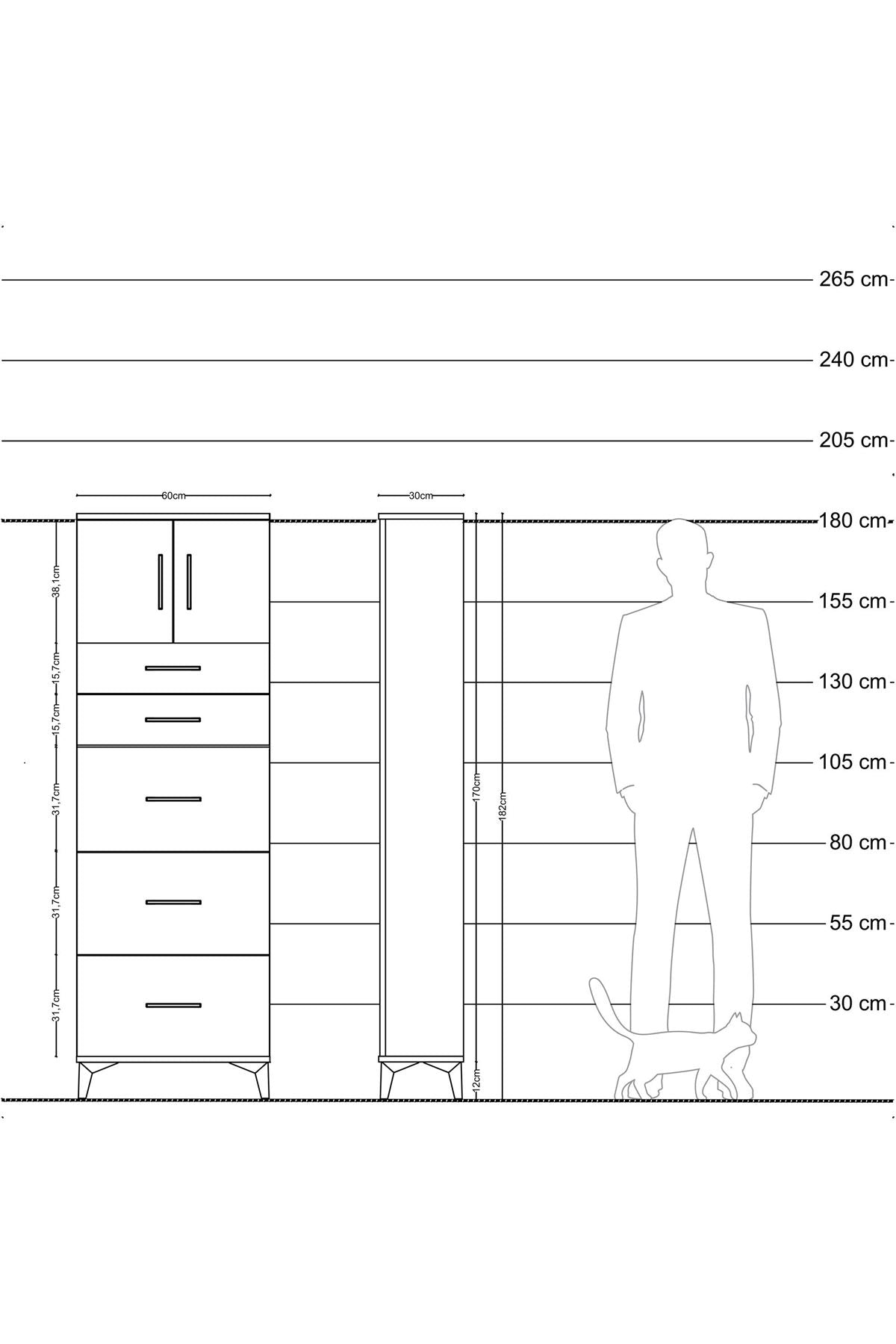 Arges Dolap Tek Raflı 5 Çekmeceli 2 Kapaklı 60x30x182 Antrasit-Antrasit