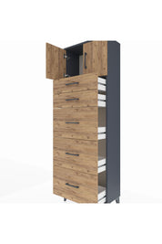 Arges Dolap Tek Raflı 5 Çekmeceli 2 Kapaklı 60x30x182 Antrasit-Çam