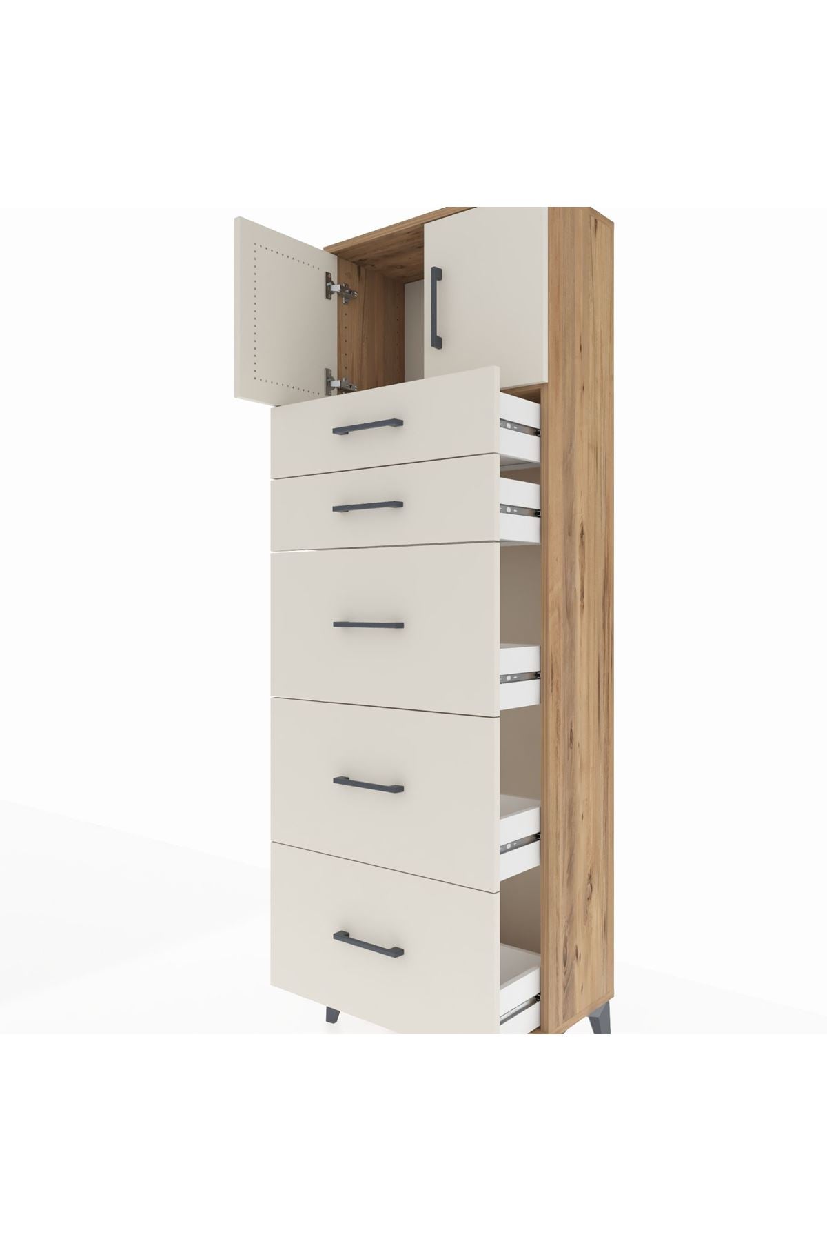 Arges Dolap Tek Raflı 5 Çekmeceli 2 Kapaklı 60x30x182 Çam-Aytaşı