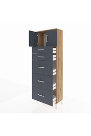 Arges Dolap Tek Raflı 5 Çekmeceli 2 Kapaklı 60x30x182 Çam-Antrasit