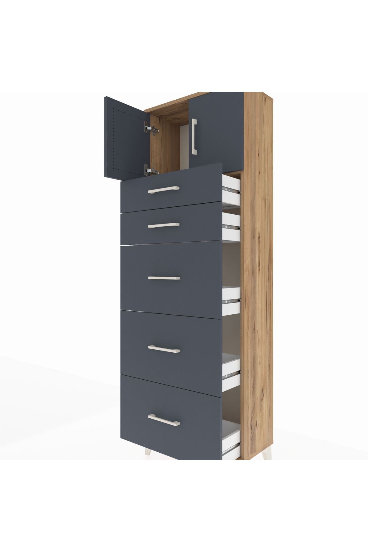 Arges Dolap Tek Raflı 5 Çekmeceli 2 Kapaklı 60x30x182 Çam-Antrasit