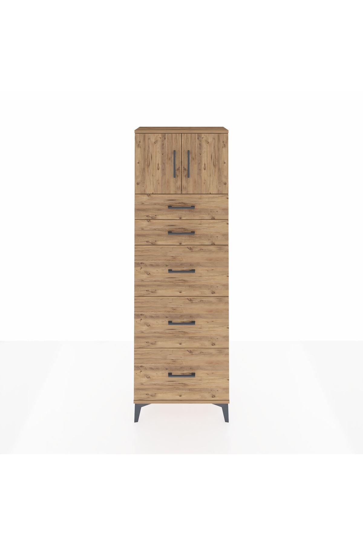 Arges Dolap Tek Raflı 5 Çekmeceli 2 Kapaklı 60x30x182 Çam-Çam