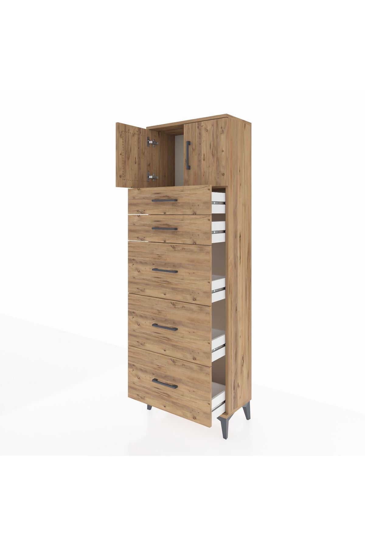 Arges Dolap Tek Raflı 5 Çekmeceli 2 Kapaklı 60x30x182 Çam-Çam