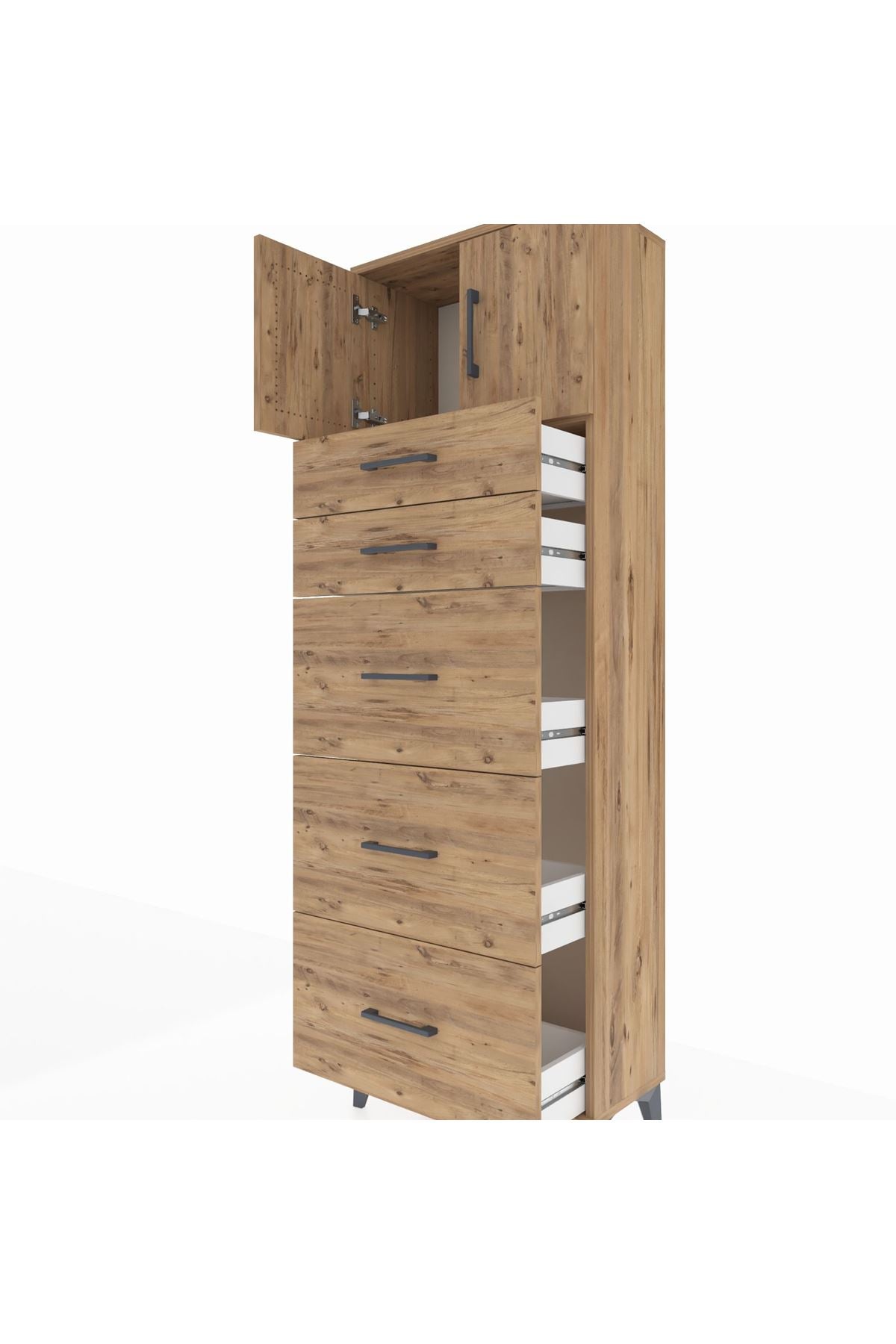 Arges Dolap Tek Raflı 5 Çekmeceli 2 Kapaklı 60x30x182 Çam-Çam