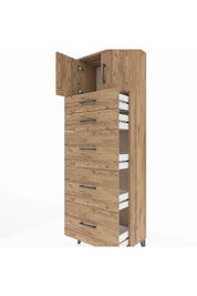 Arges Dolap Tek Raflı 5 Çekmeceli 2 Kapaklı 60x30x182 Çam-Çam