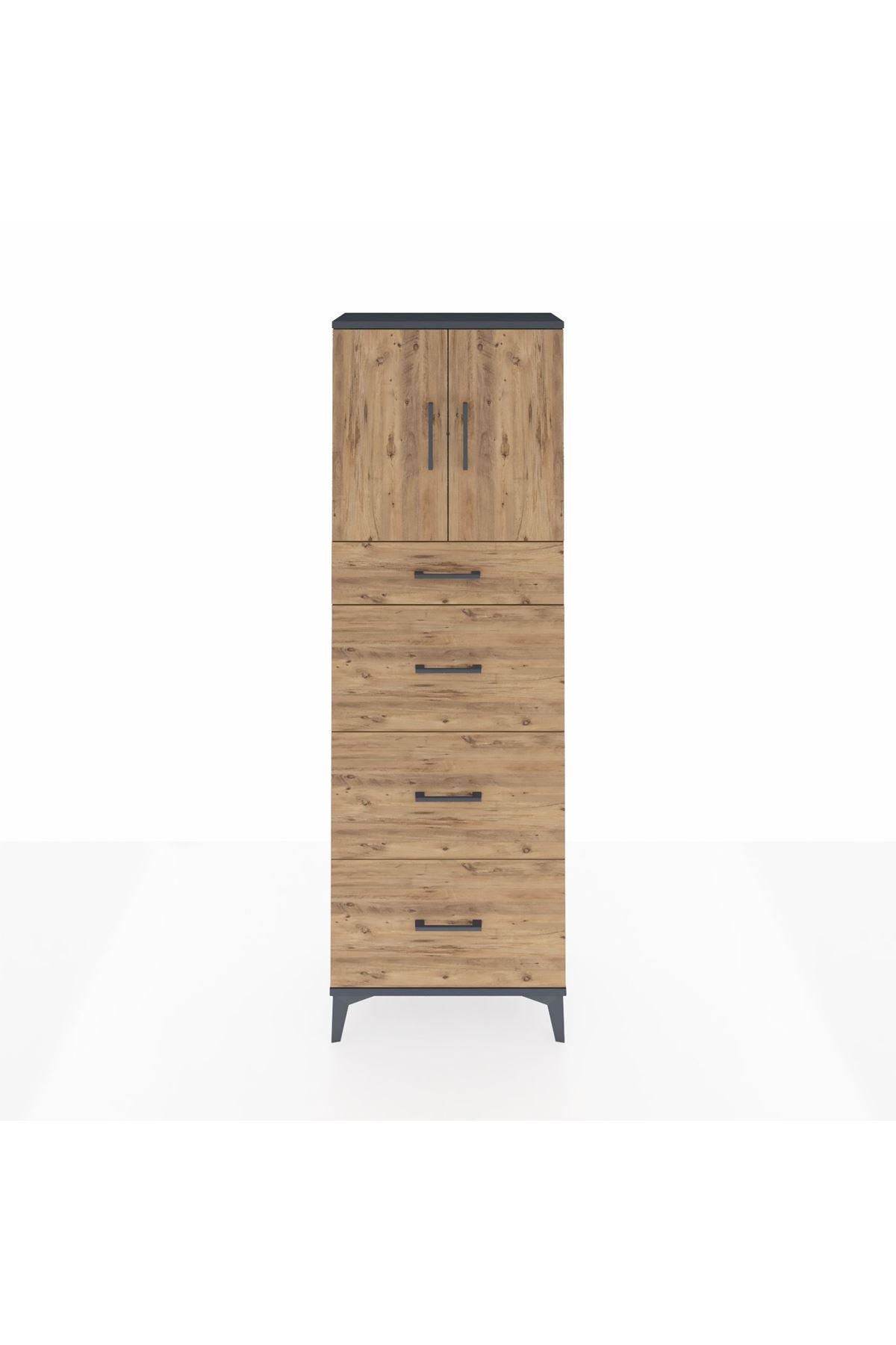 Arges Dolap 2 Raflı 4 Çekmeceli 2 Kapaklı 60x30x182 Antrasit-Çam