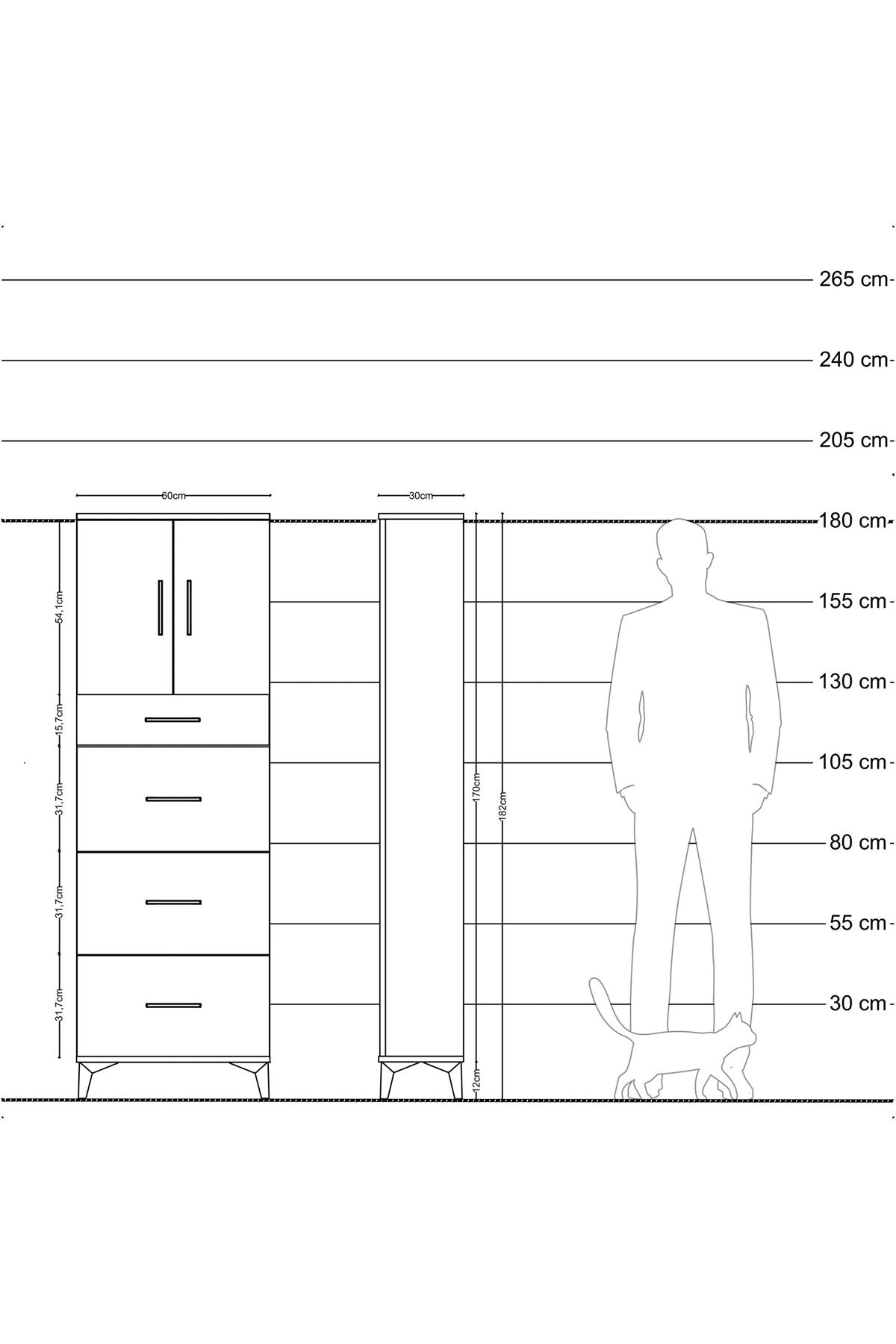 Arges Dolap 2 Raflı 4 Çekmeceli 2 Kapaklı 60x30x182 Antrasit-Çam