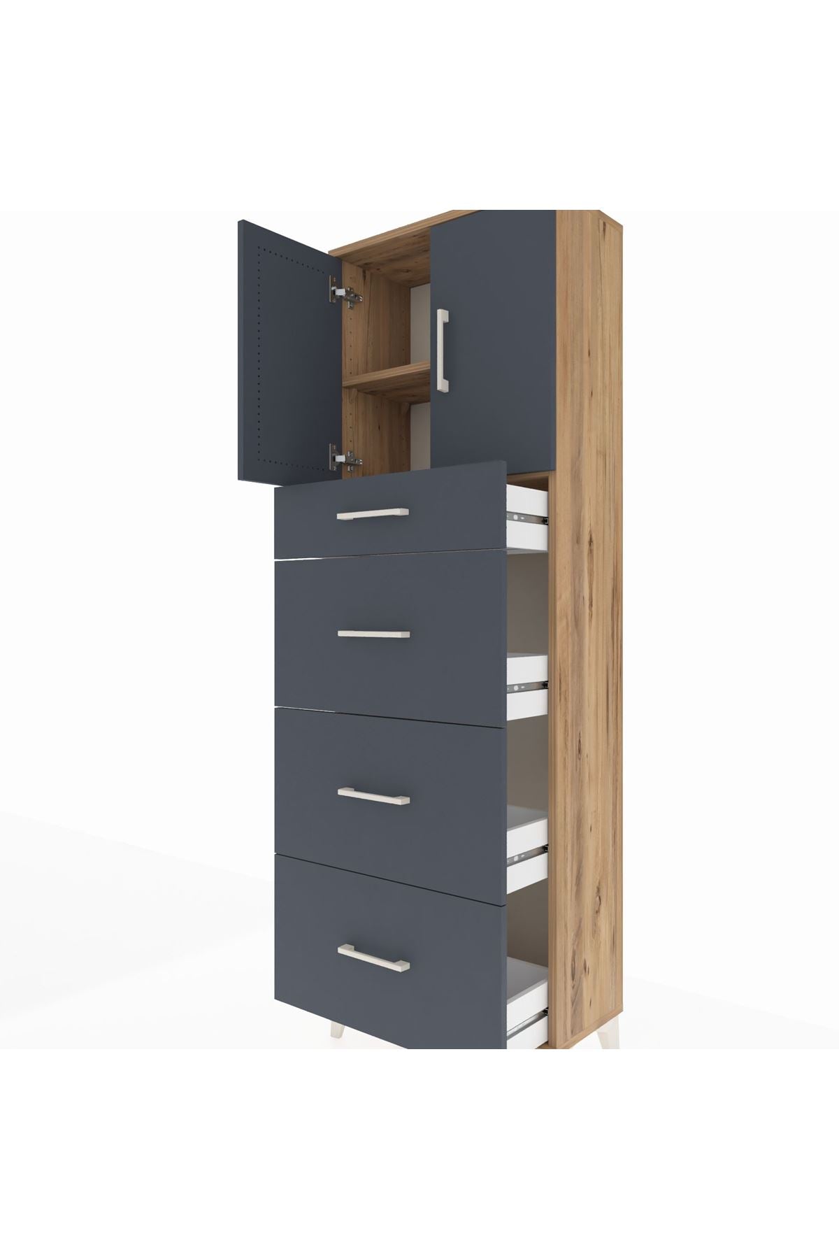 Arges Dolap 2 Raflı 4 Çekmeceli 2 Kapaklı 60x30x182 Çam-Antrasit