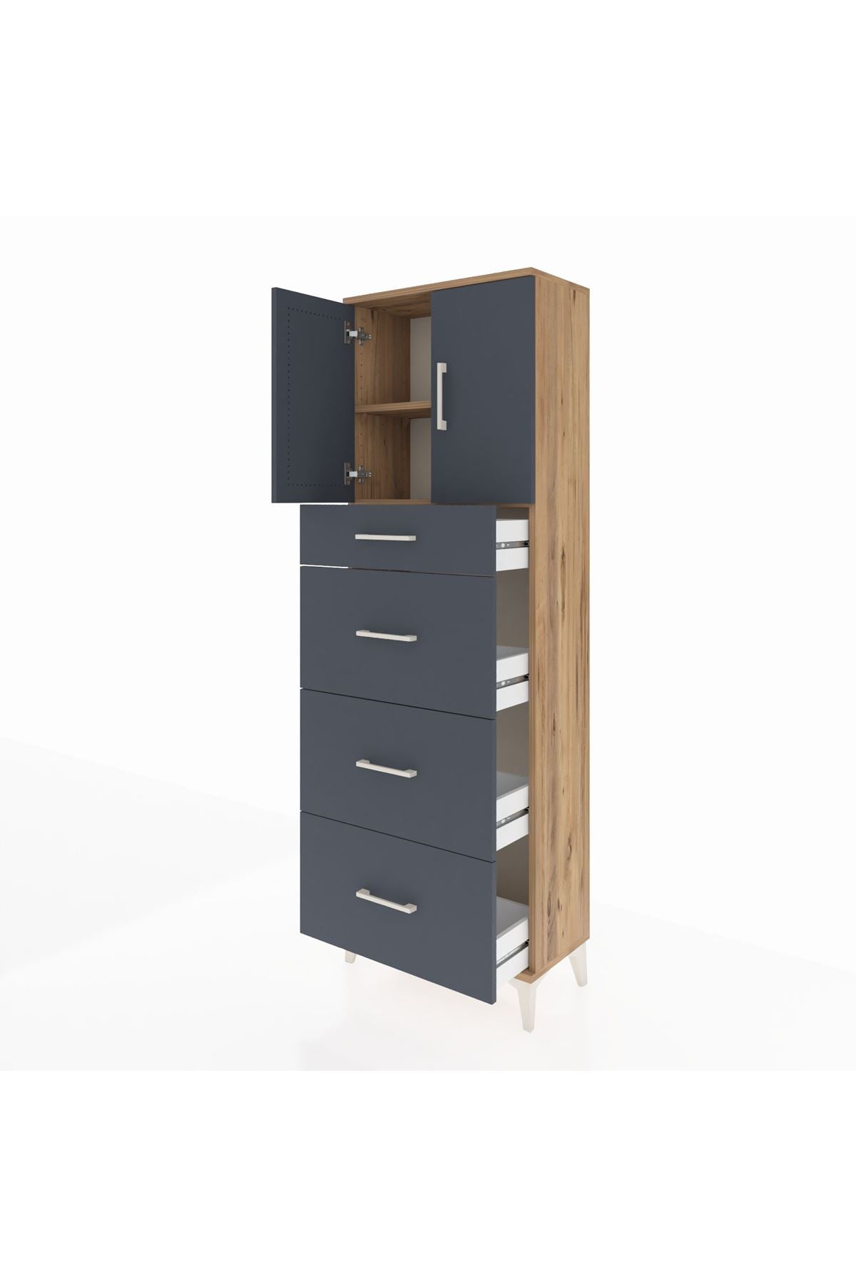 Arges Dolap 2 Raflı 4 Çekmeceli 2 Kapaklı 60x30x182 Çam-Antrasit