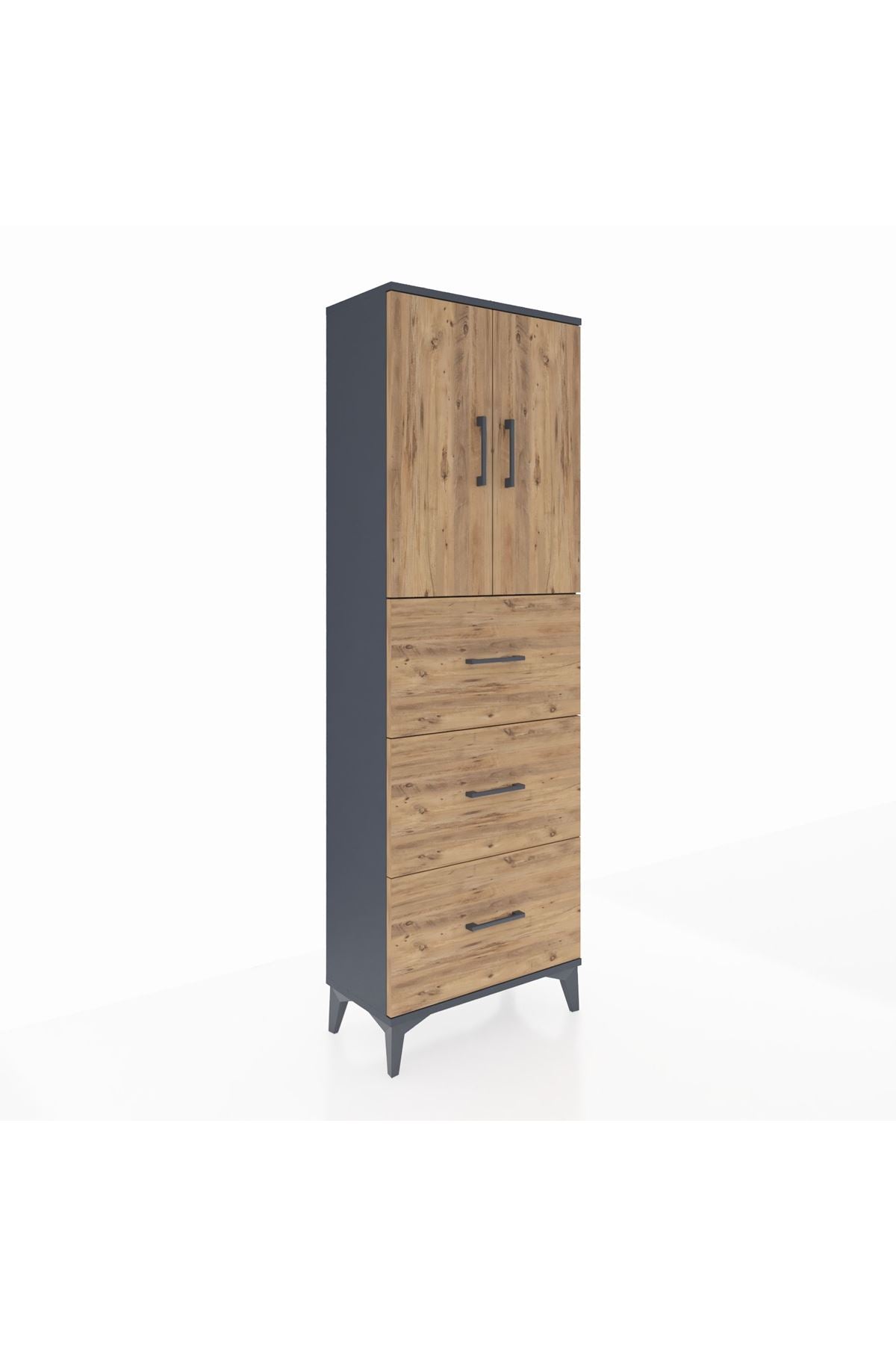 Arges Dolap 3 Raflı 3 Çekmeceli 2 Kapaklı 60x30x182 Antrasit-Çam