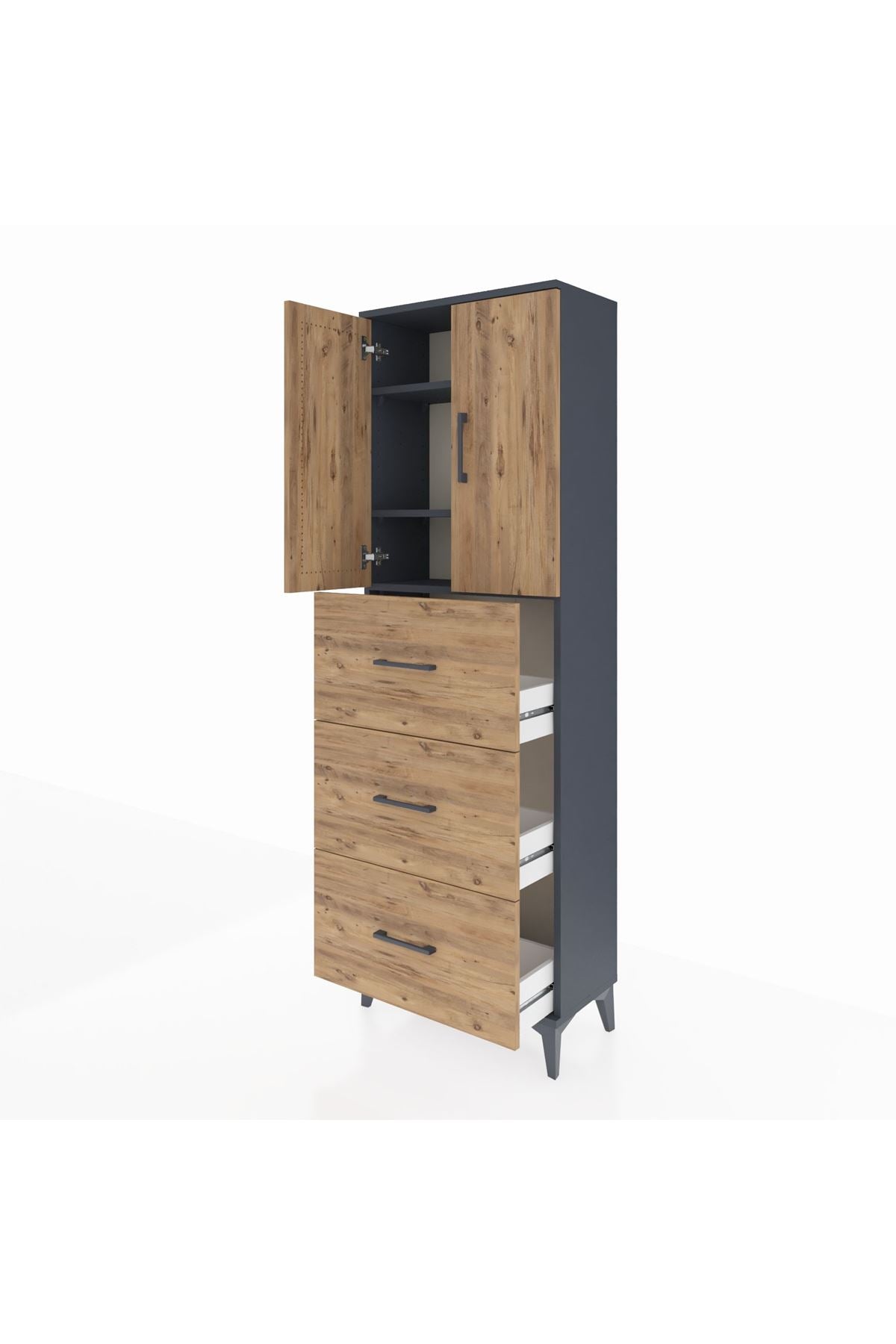 Arges Dolap 3 Raflı 3 Çekmeceli 2 Kapaklı 60x30x182 Antrasit-Çam